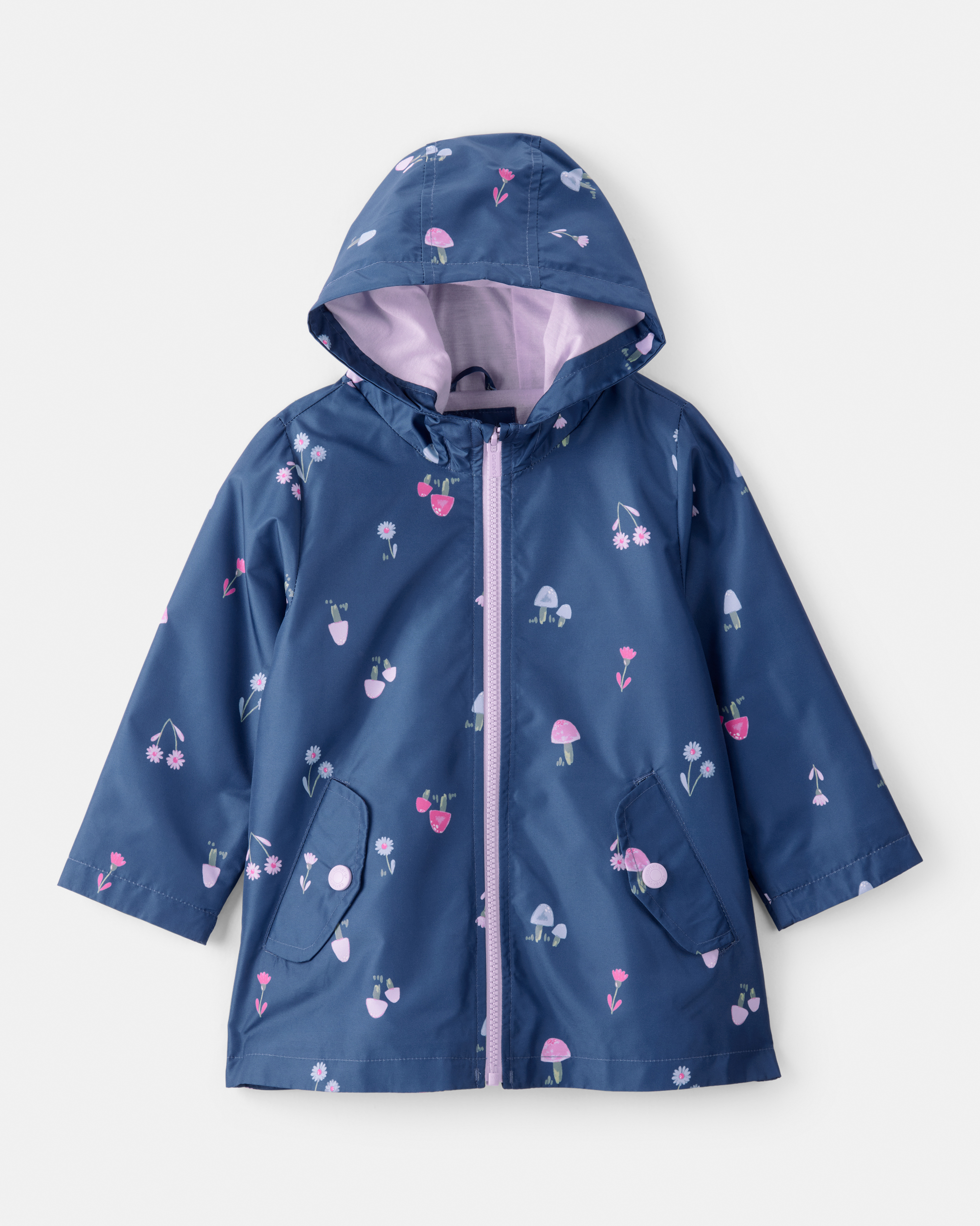 Toddler Girl Mushroom & Flower Print Rain Jacket - Navy