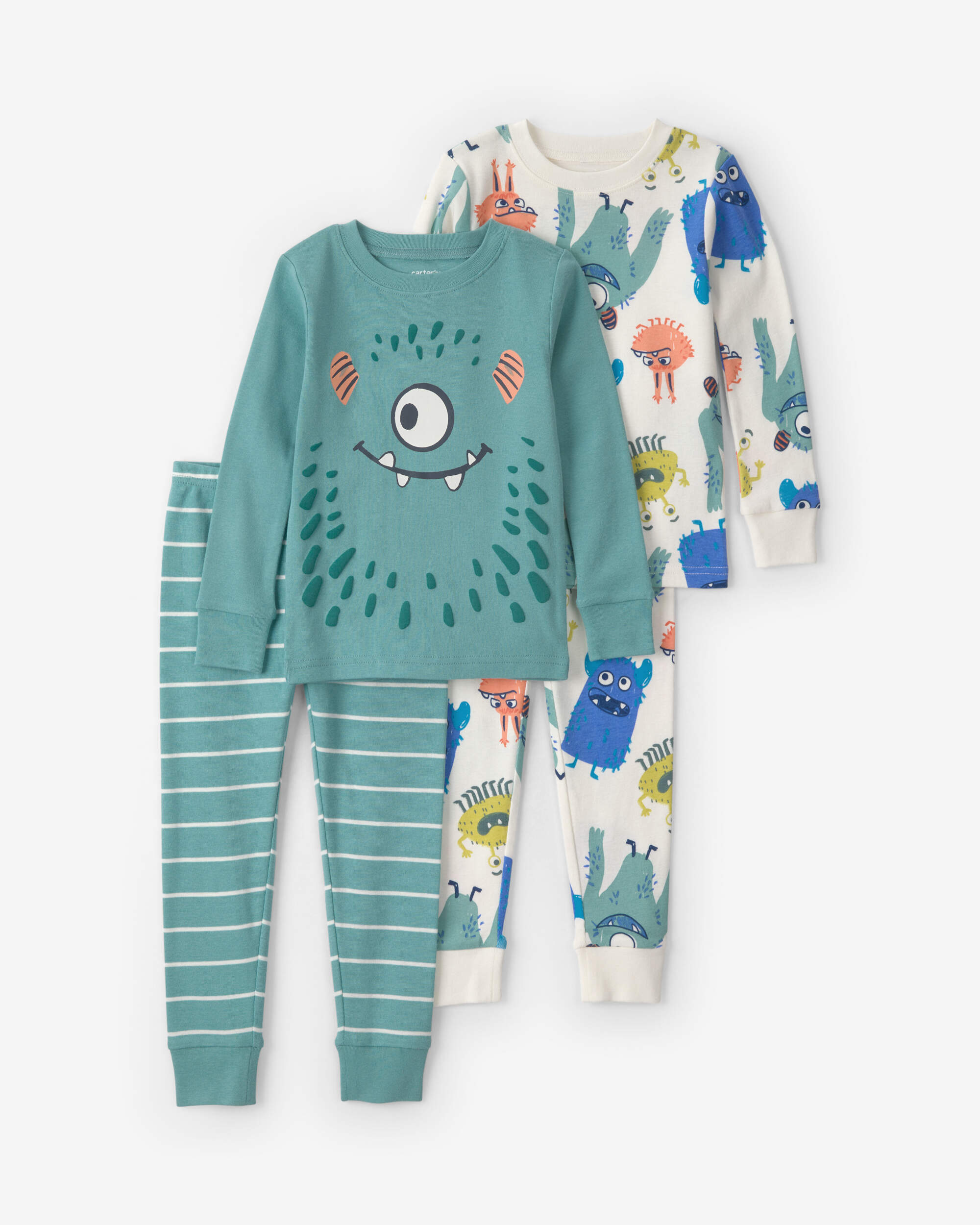 Baby Boy 4-Piece Monster 100% Cotton Snug Fit Pyjama Set - Teal/Cream
