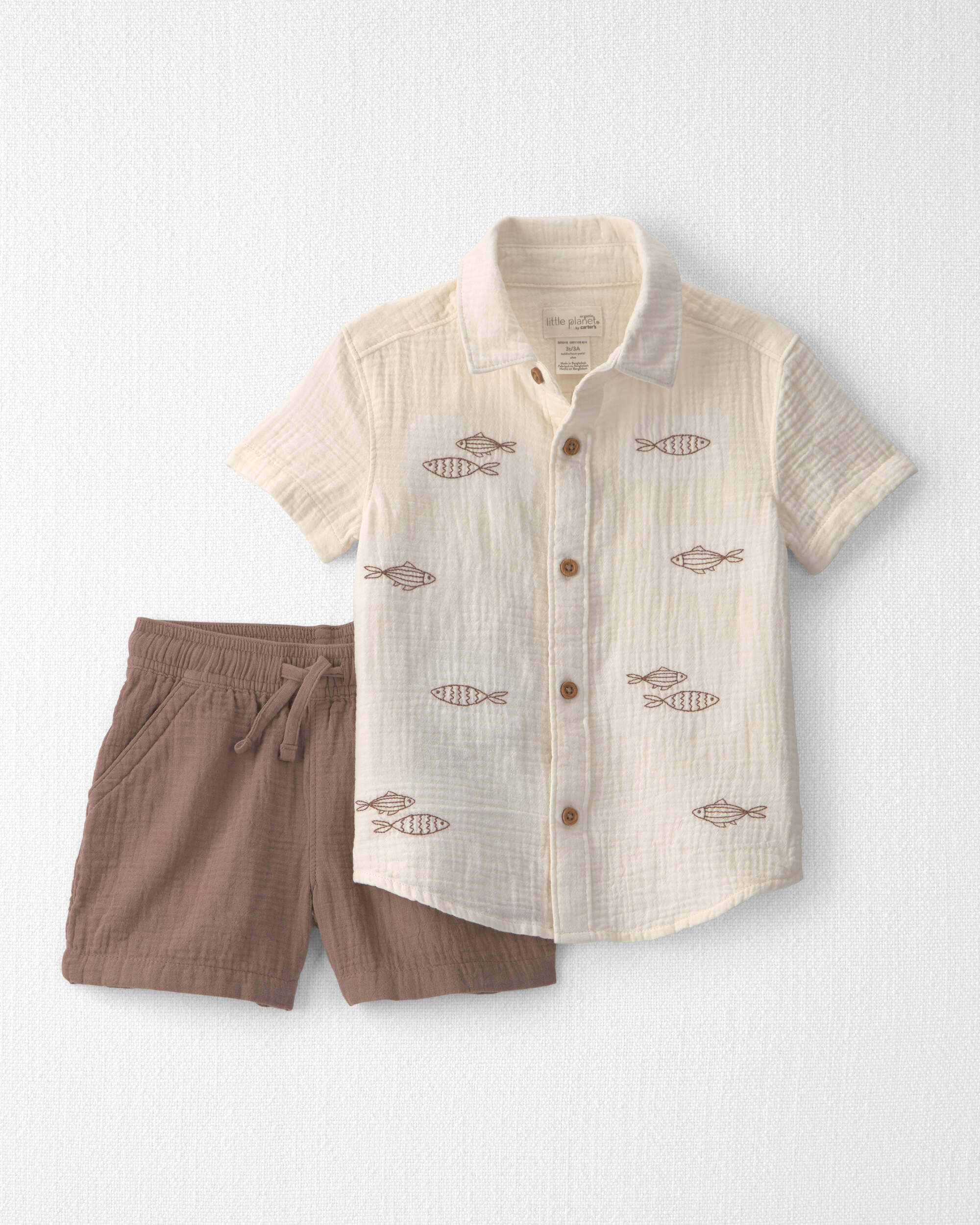 Toddler Boy 2-Piece Organic Cotton Gauze Embroidered  Top & Short Set