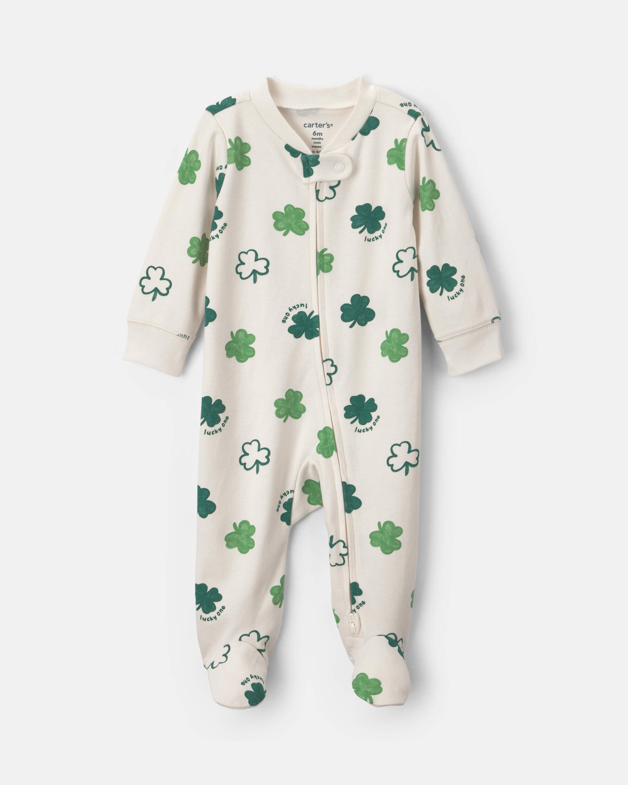 Baby 2-Way Zip St Patrick's Day Cotton Sleepers - Cream/Green