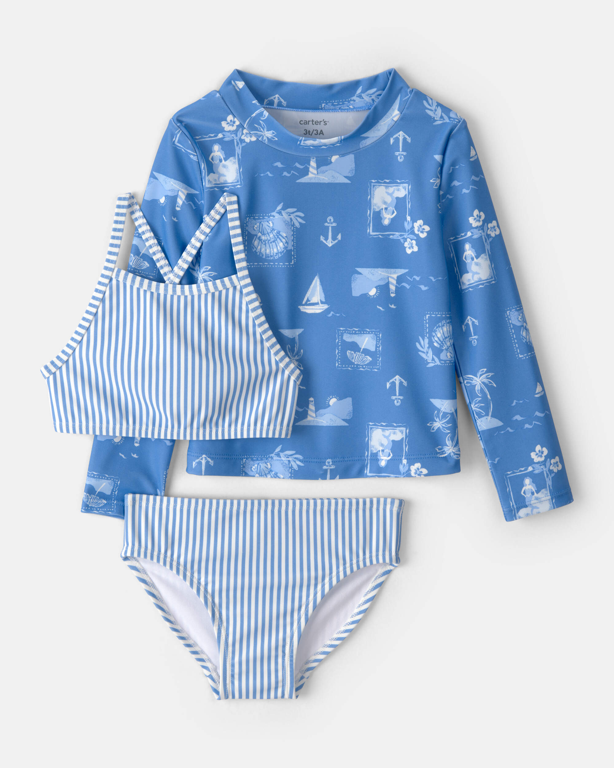 Toddler Girl 3-Piece Sailboat Long-Sleeve Rashguard Swimsuit Set - Blue