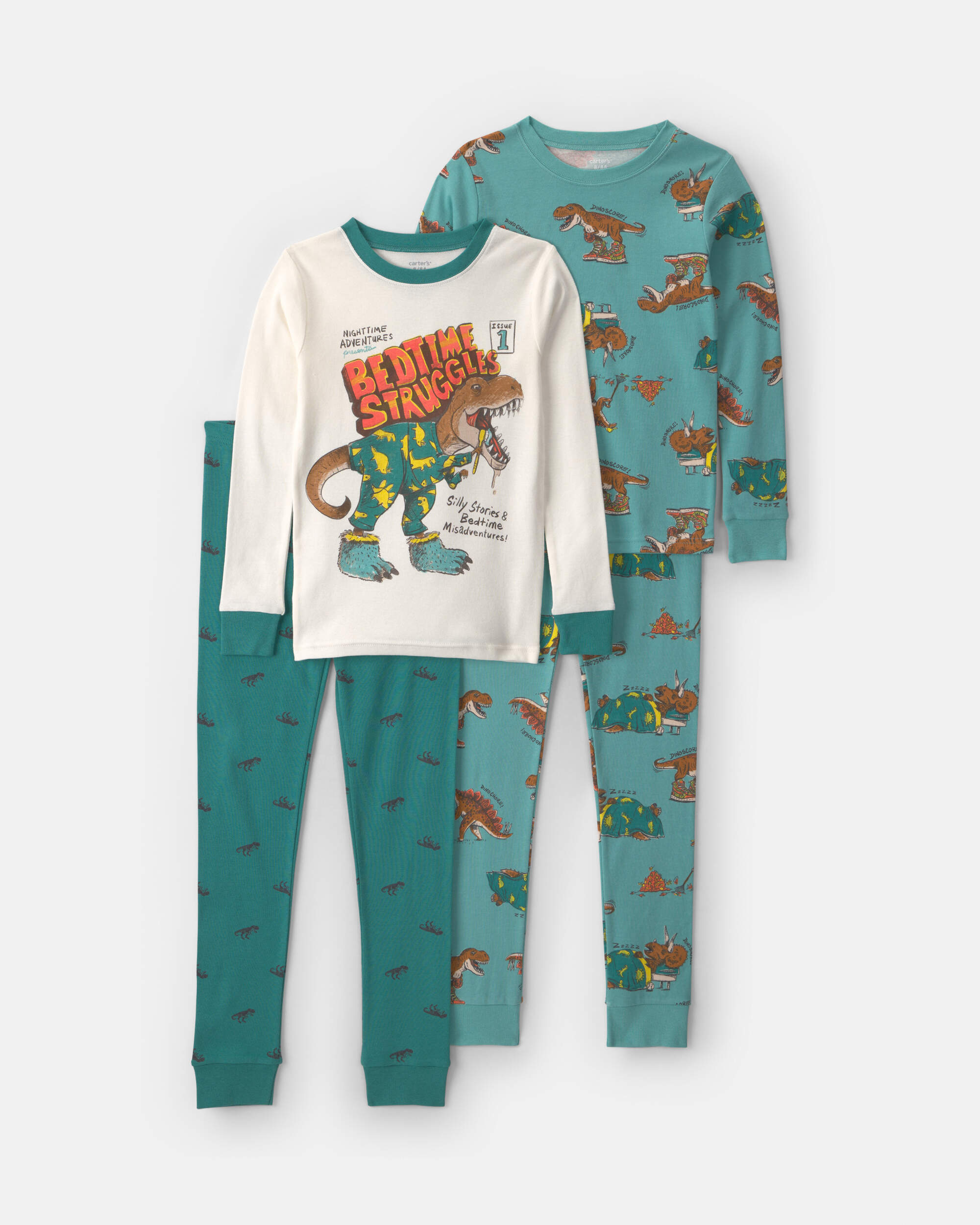 Boys 4-Piece Dinosaur 100% Cotton Snug Fit Pyjama Set - Green