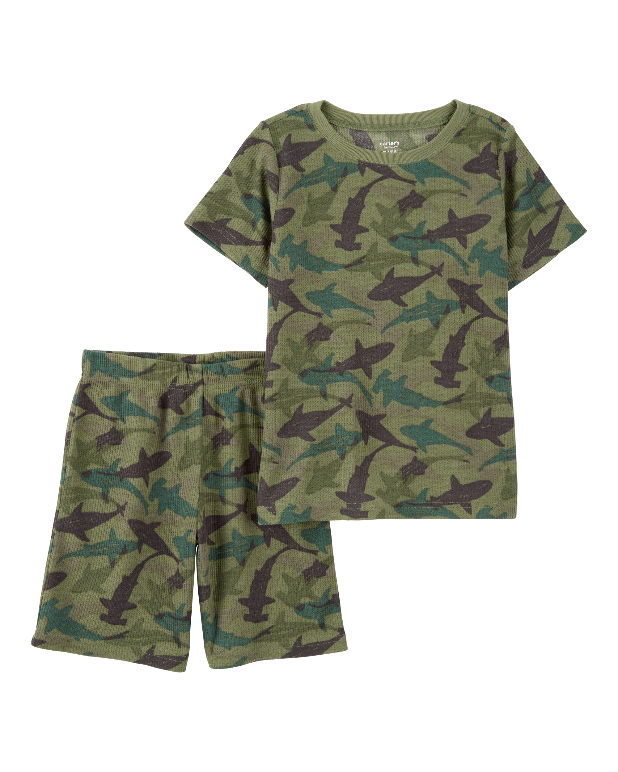 Boys Shark Print Loose Fit Waffle Knit 2-Piece Pyjamas - Green