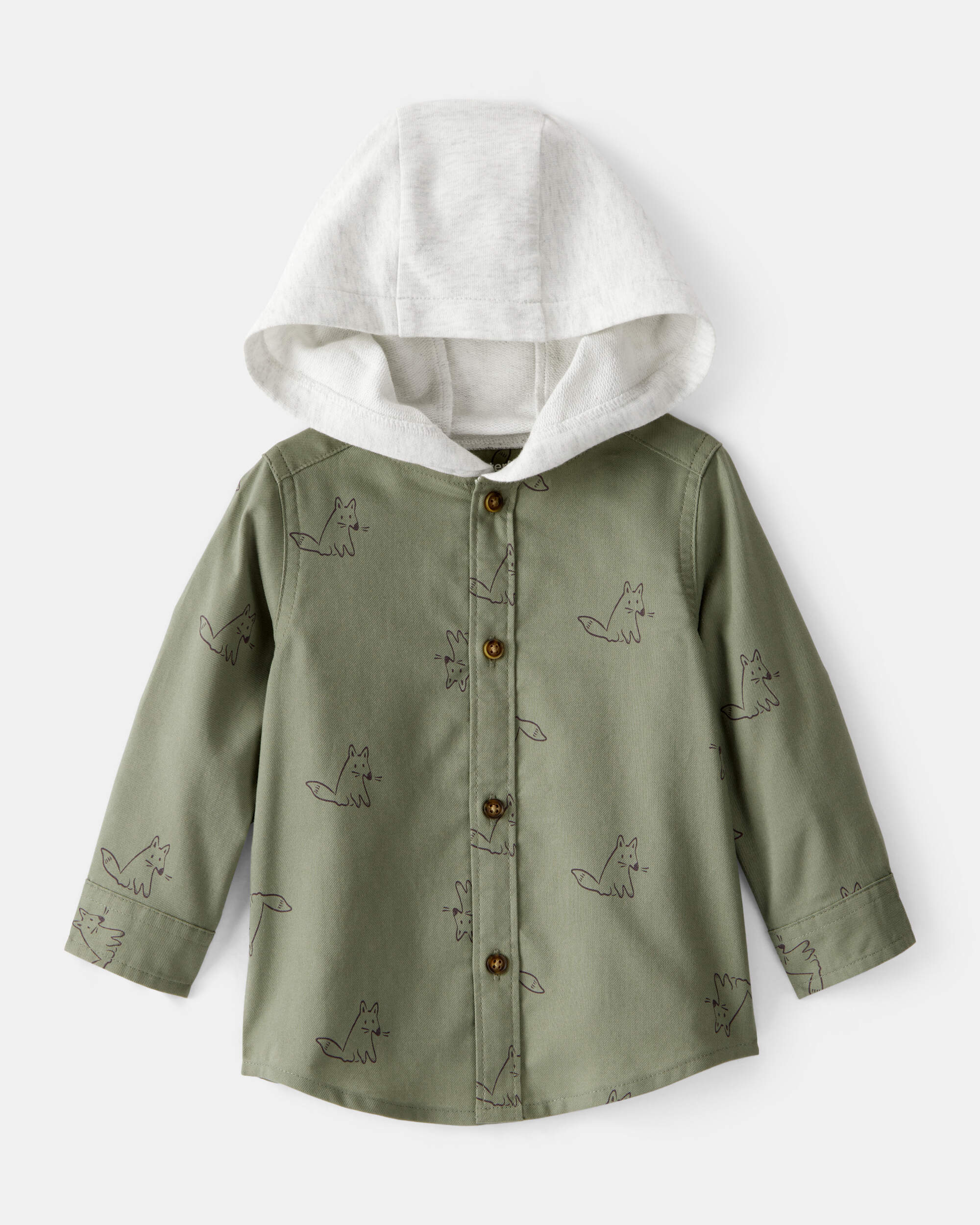 Baby Boy Racoon Print Cotton Long-Sleeve Hooded Button-Down Shirt - Green