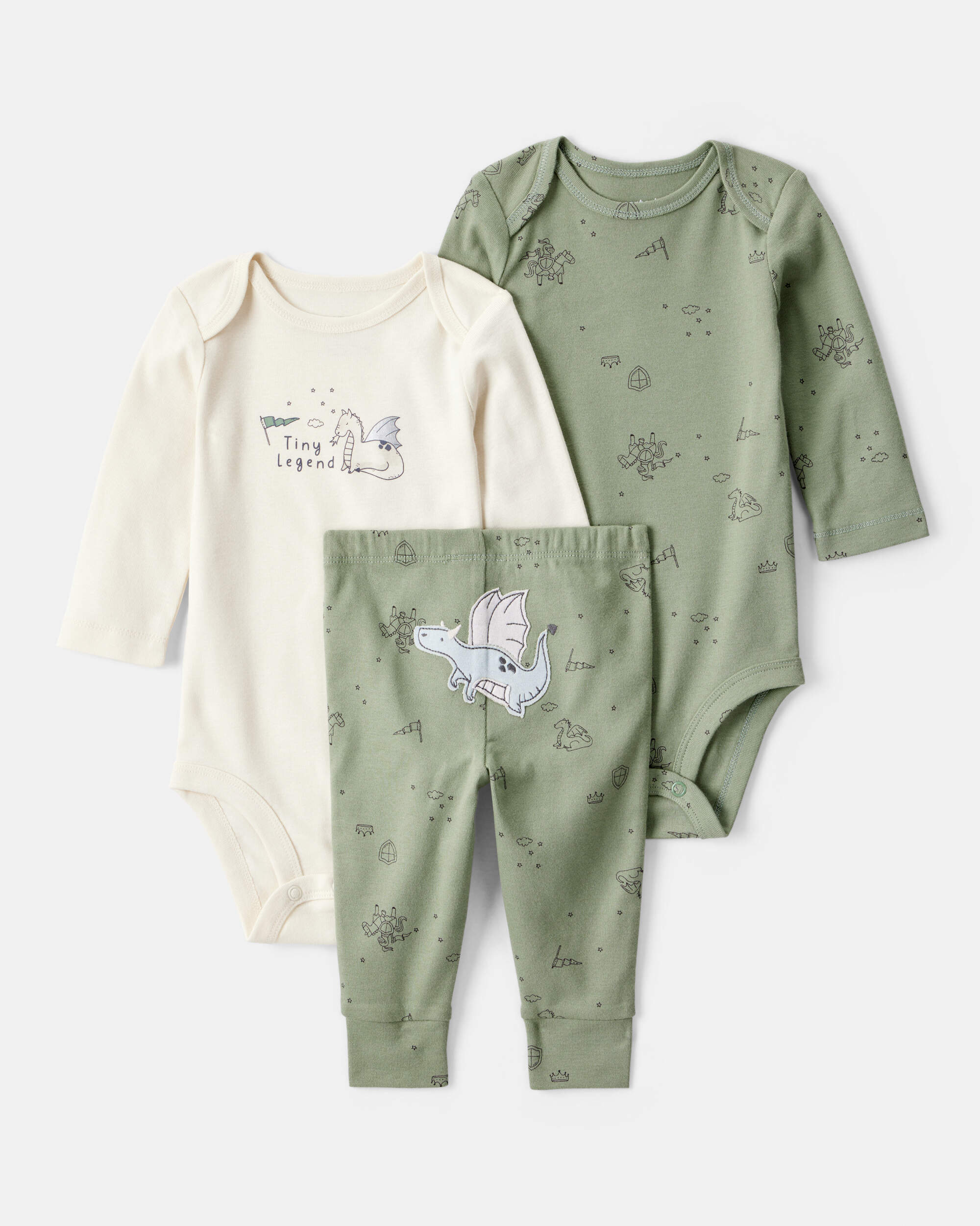 Baby Boy Dragon Print Cotton Long-Sleeve Bodysuit & Pant Set - Green/White