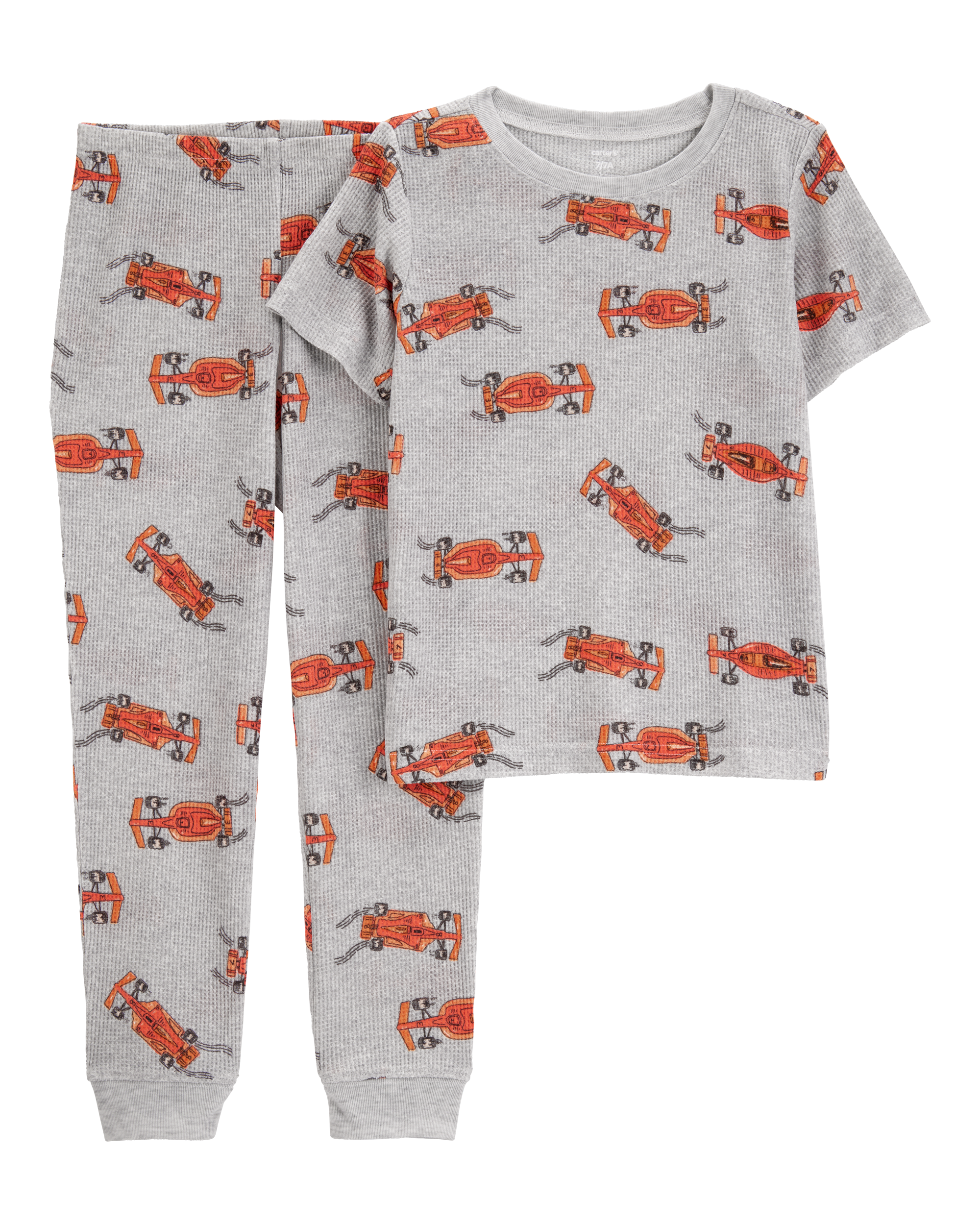 Kid Race Car Print Loose Fit Waffle Knit 2-Piece Pyjamas - Grey