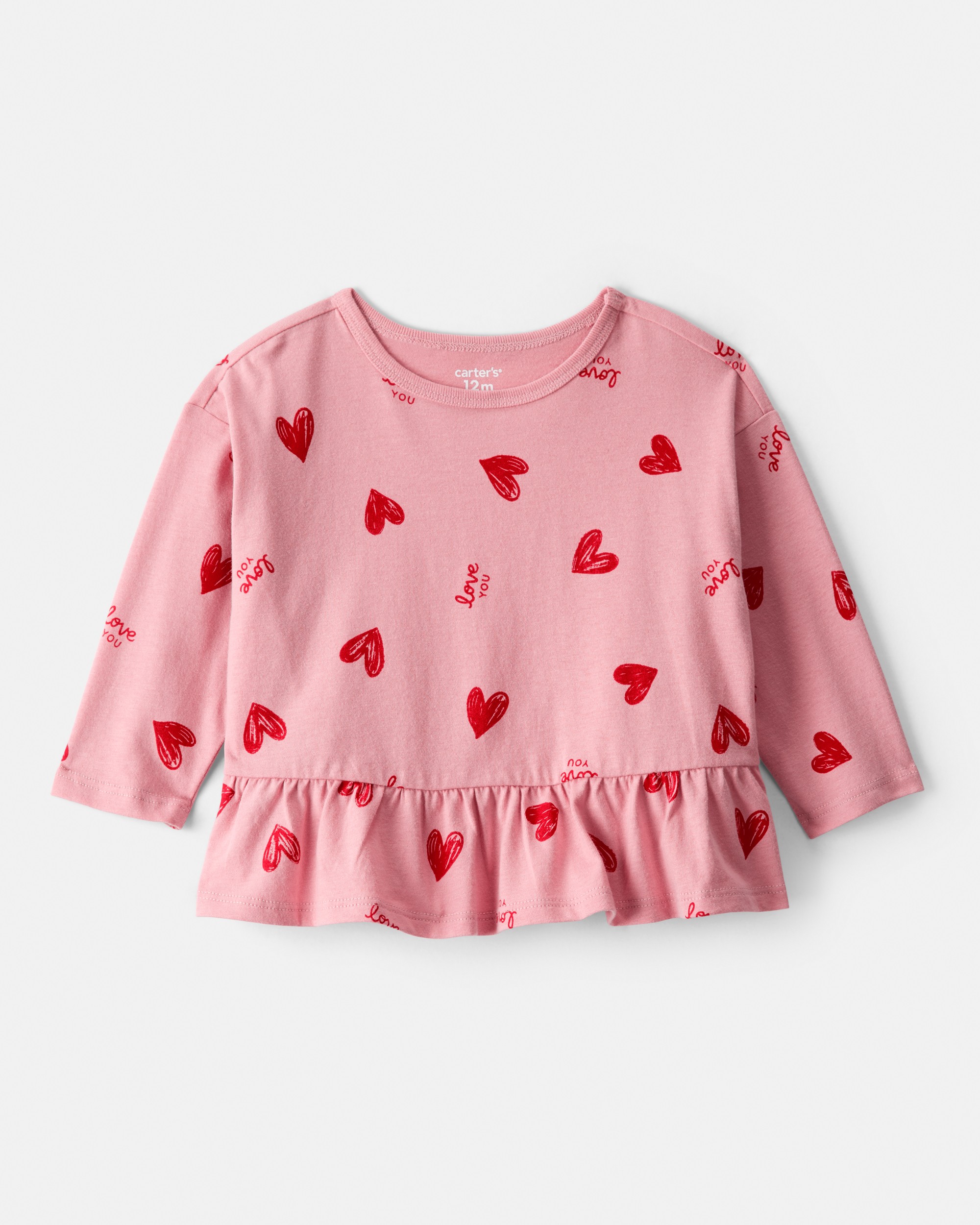 Baby Girl Heart Long-Sleeve Peplum Top - Pink