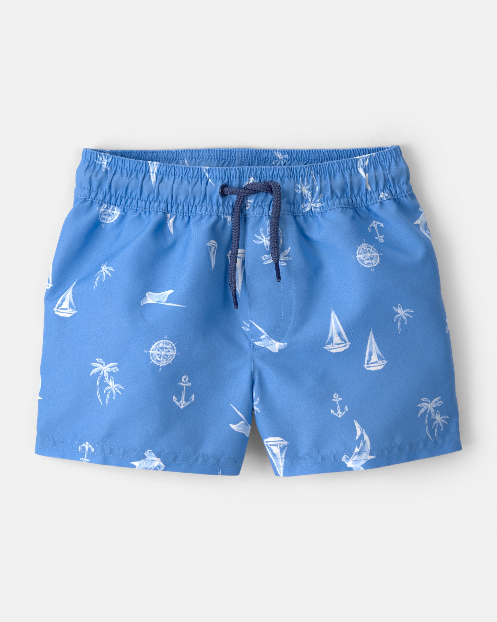 Toddler Boy 2-Piece Long-Sleeve Rashguard & Sailboat Swim Trunks Set - Blue/White