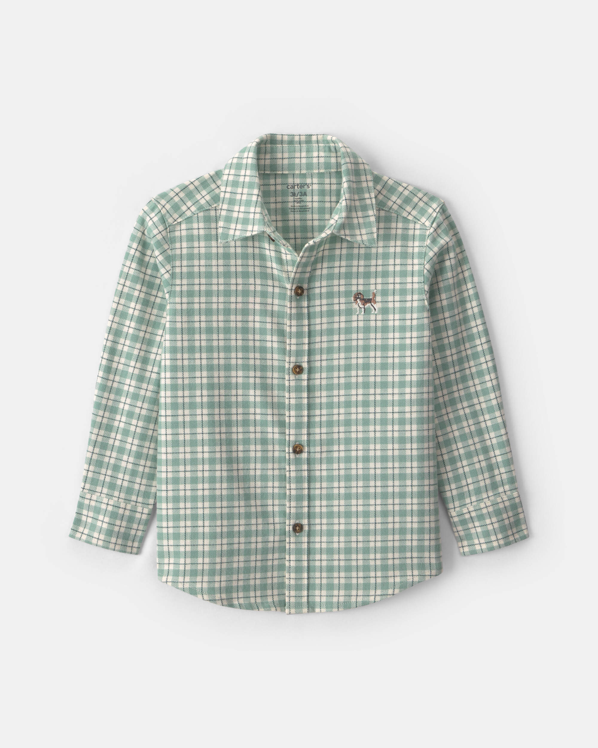 Toddler Boy Dog Plaid Flannel Button-Down Shirt - Green/White