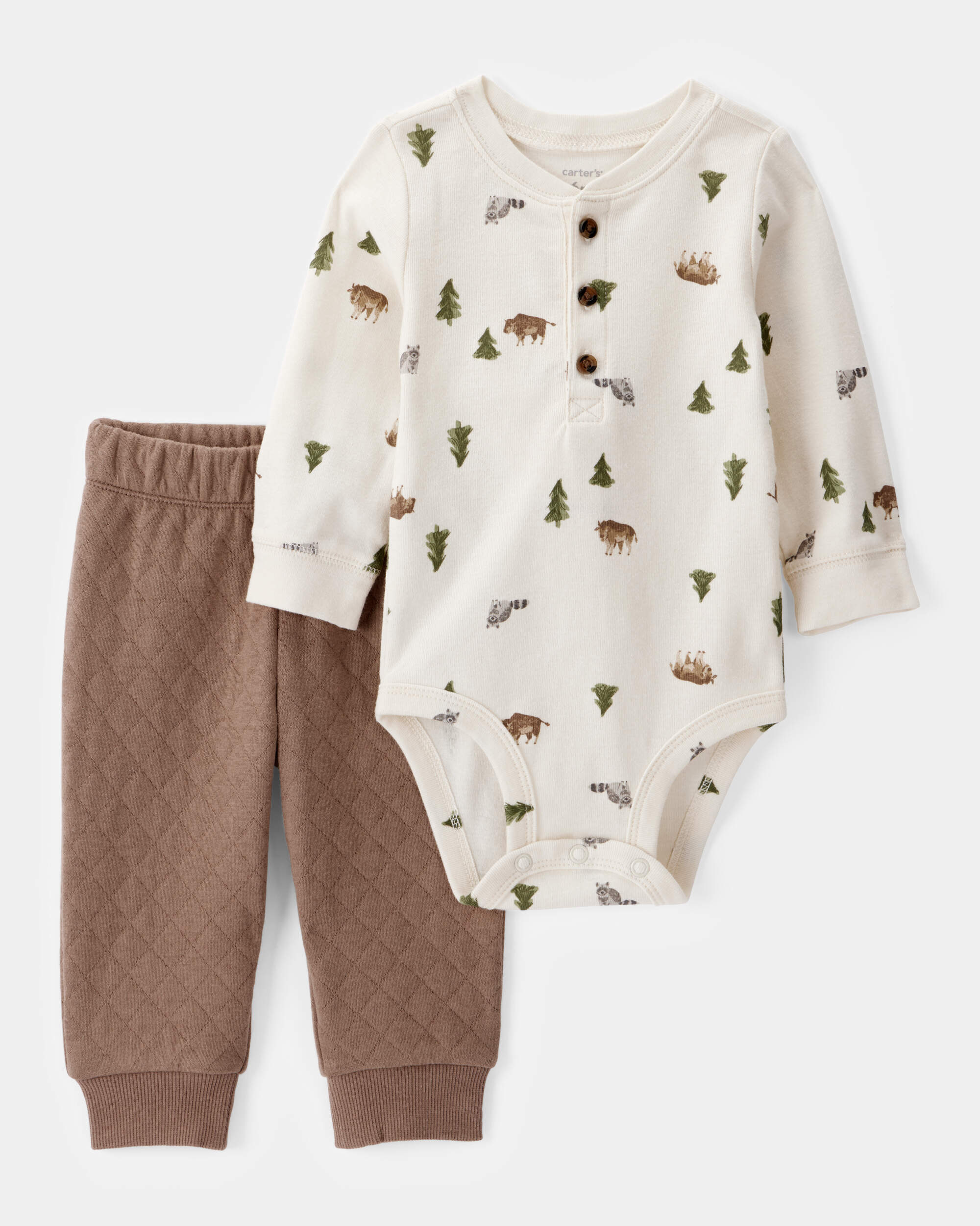 Baby 2-Piece Woodland Print Long-Sleeve Bodysuit & Quilted Pant Set