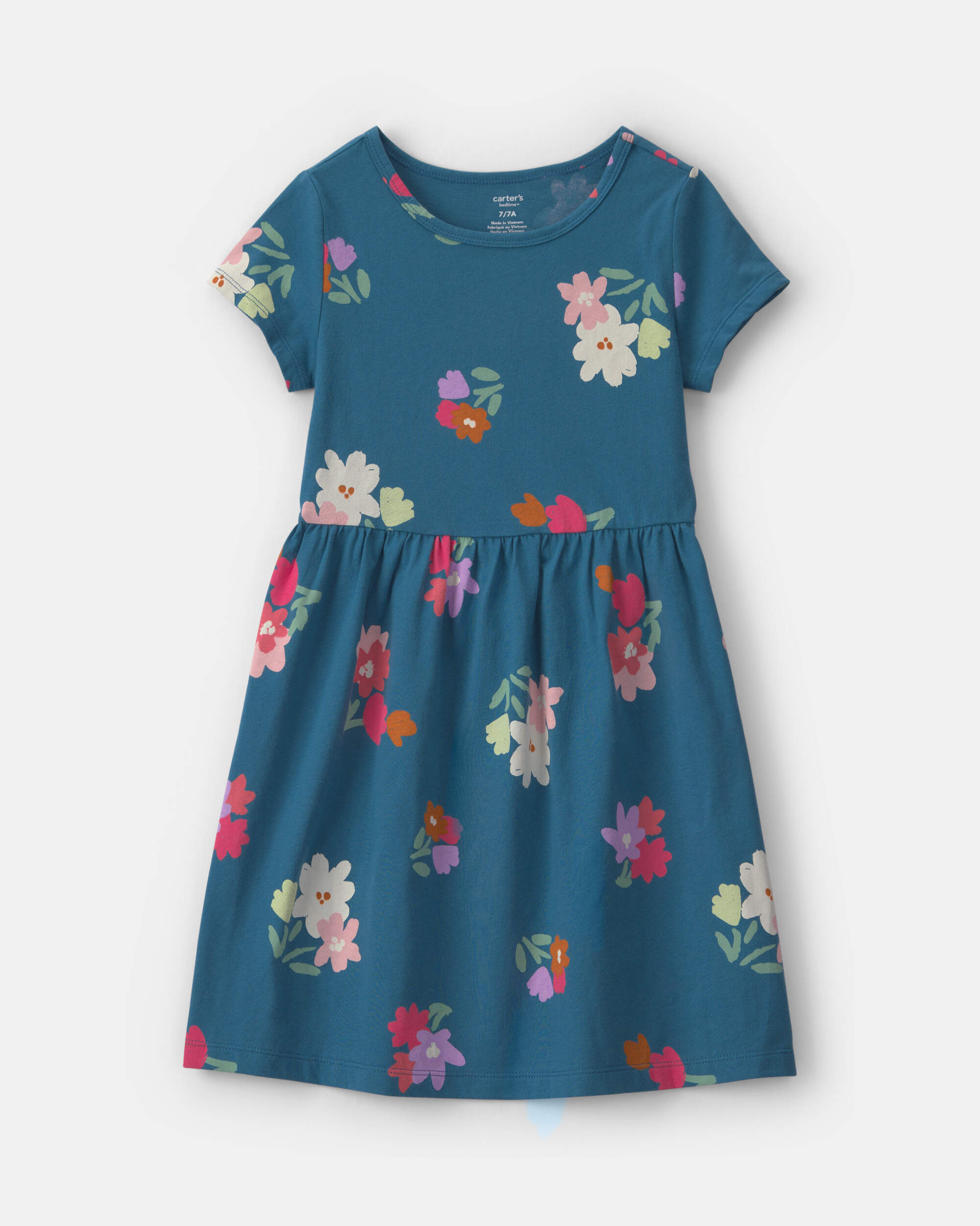 Girls Floral Short-Sleeve Dress - Navy Blue