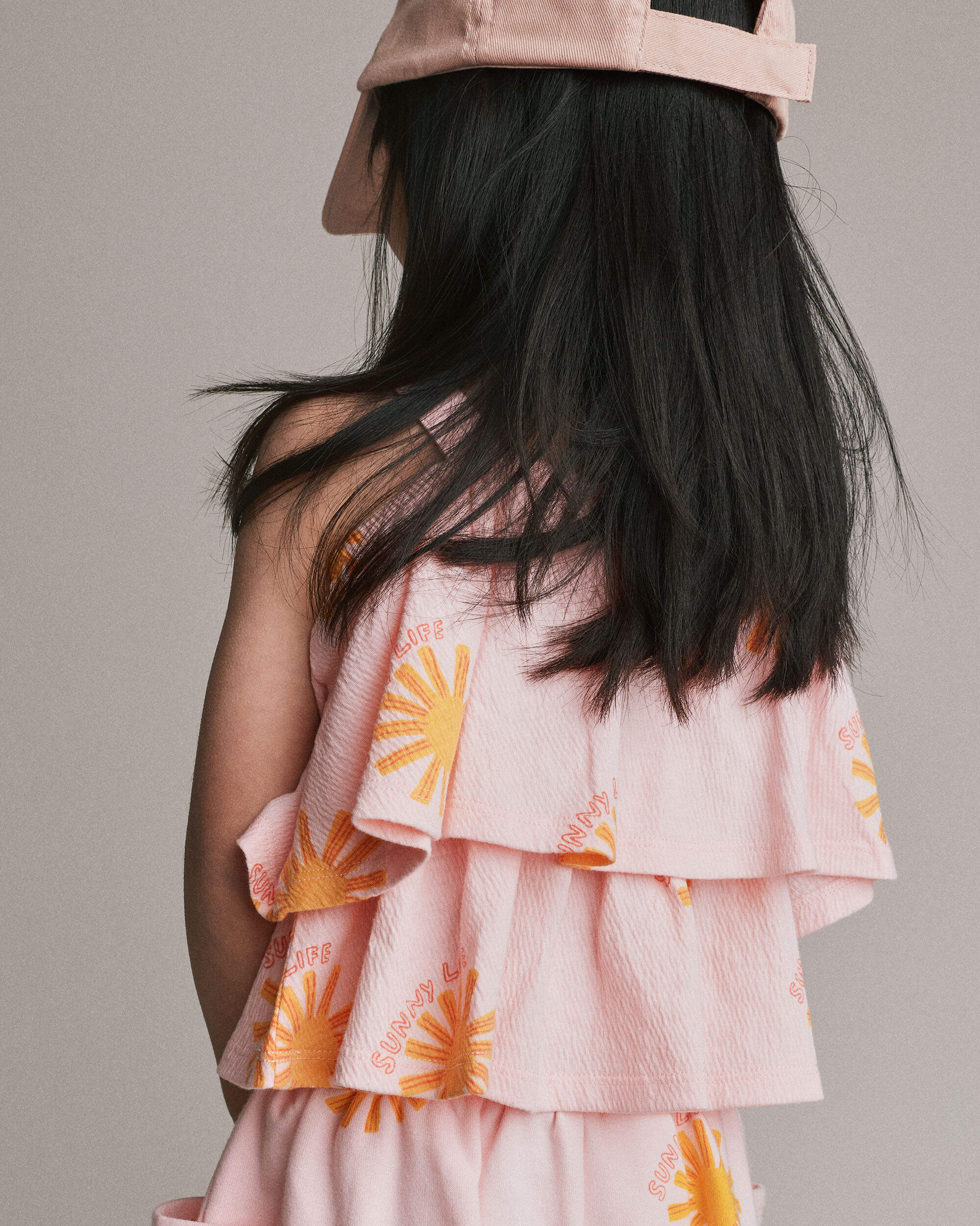 Toddler Girl Off Shoulder Flowy Top Sunny Life Print - Light Pink