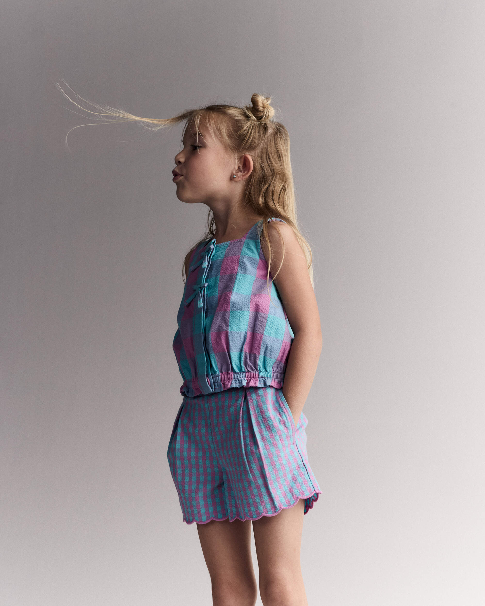 Toddler Girl Gingham Peplum Top with Bows - Purple/Blue