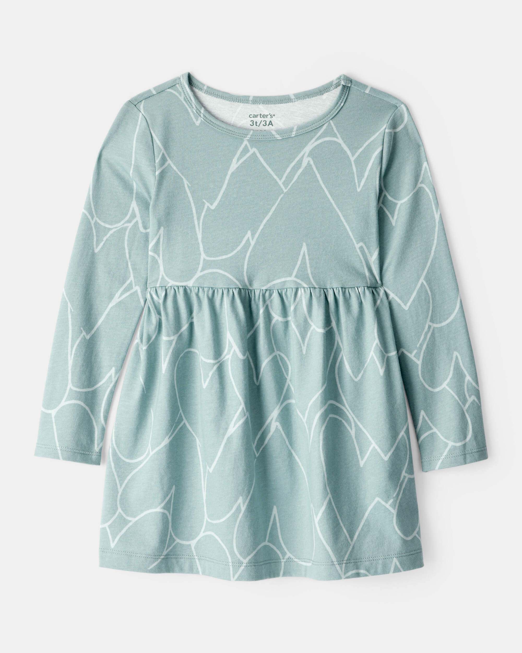Toddler Girl Heart Print Long Sleeve Cotton Dress - Green