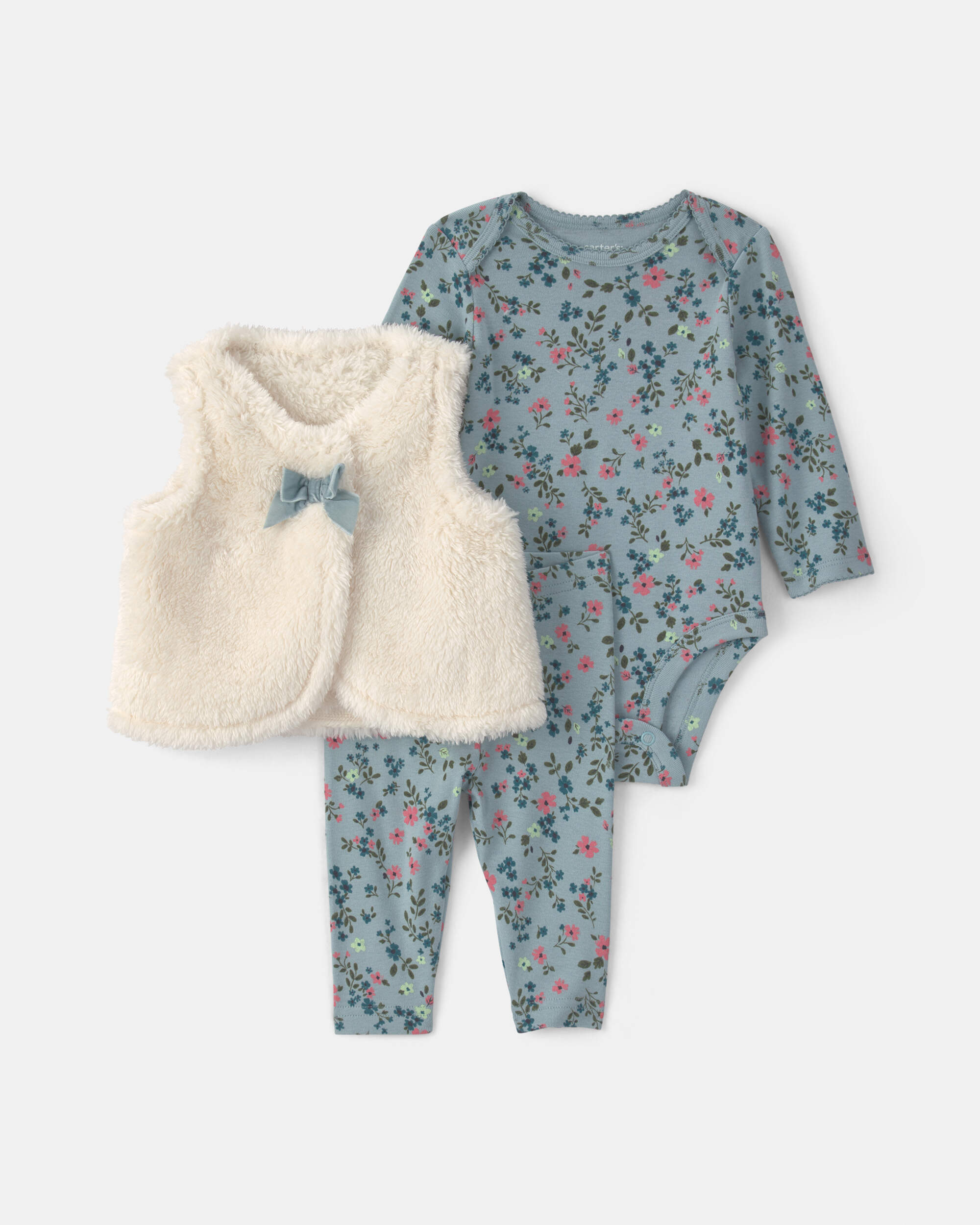 Baby Girl 3-Piece Floral Teddy Fleece Layering Set - Blue/Cream