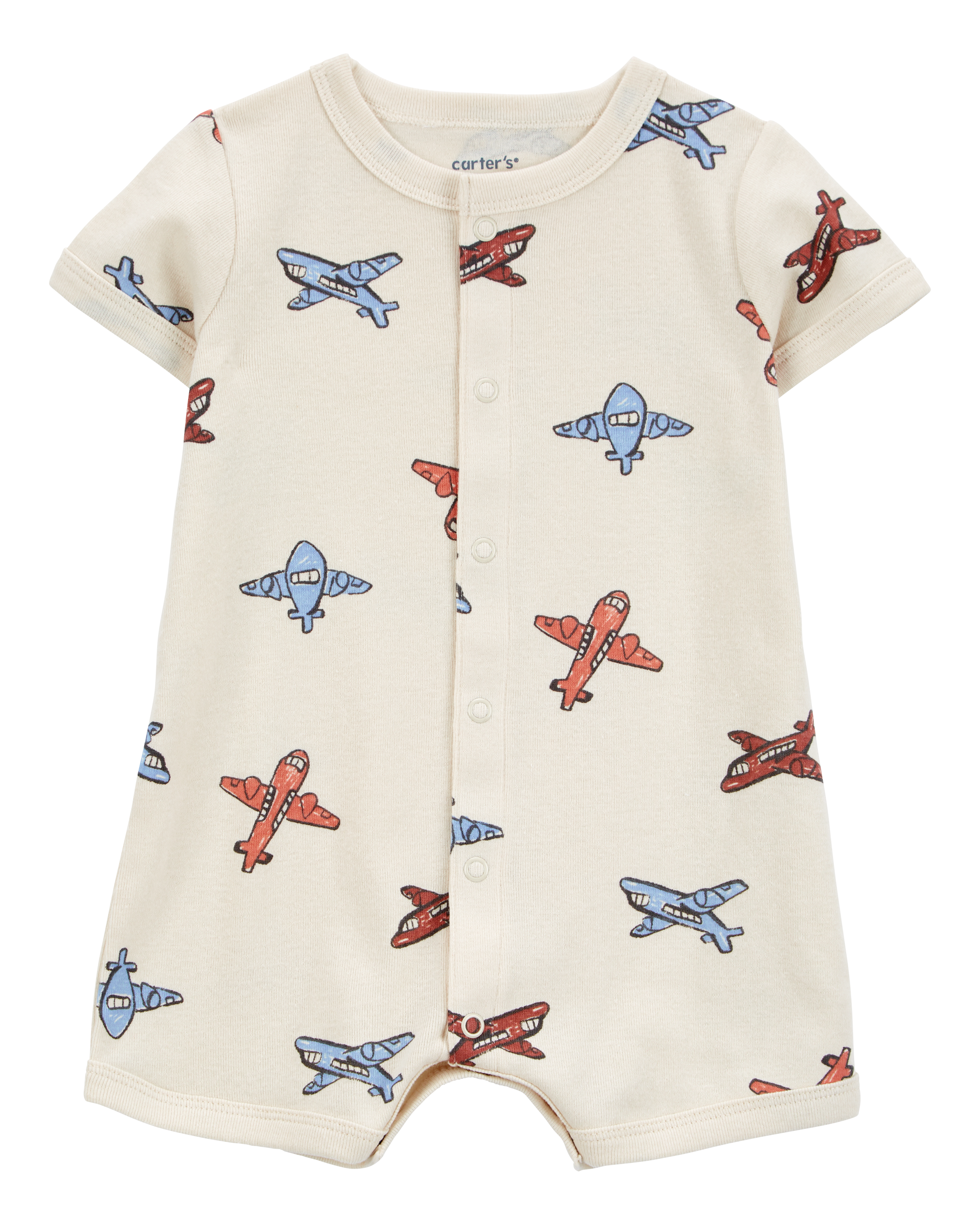 Baby Airplane-Print Ribbed Short-Sleeve Romper - Cream