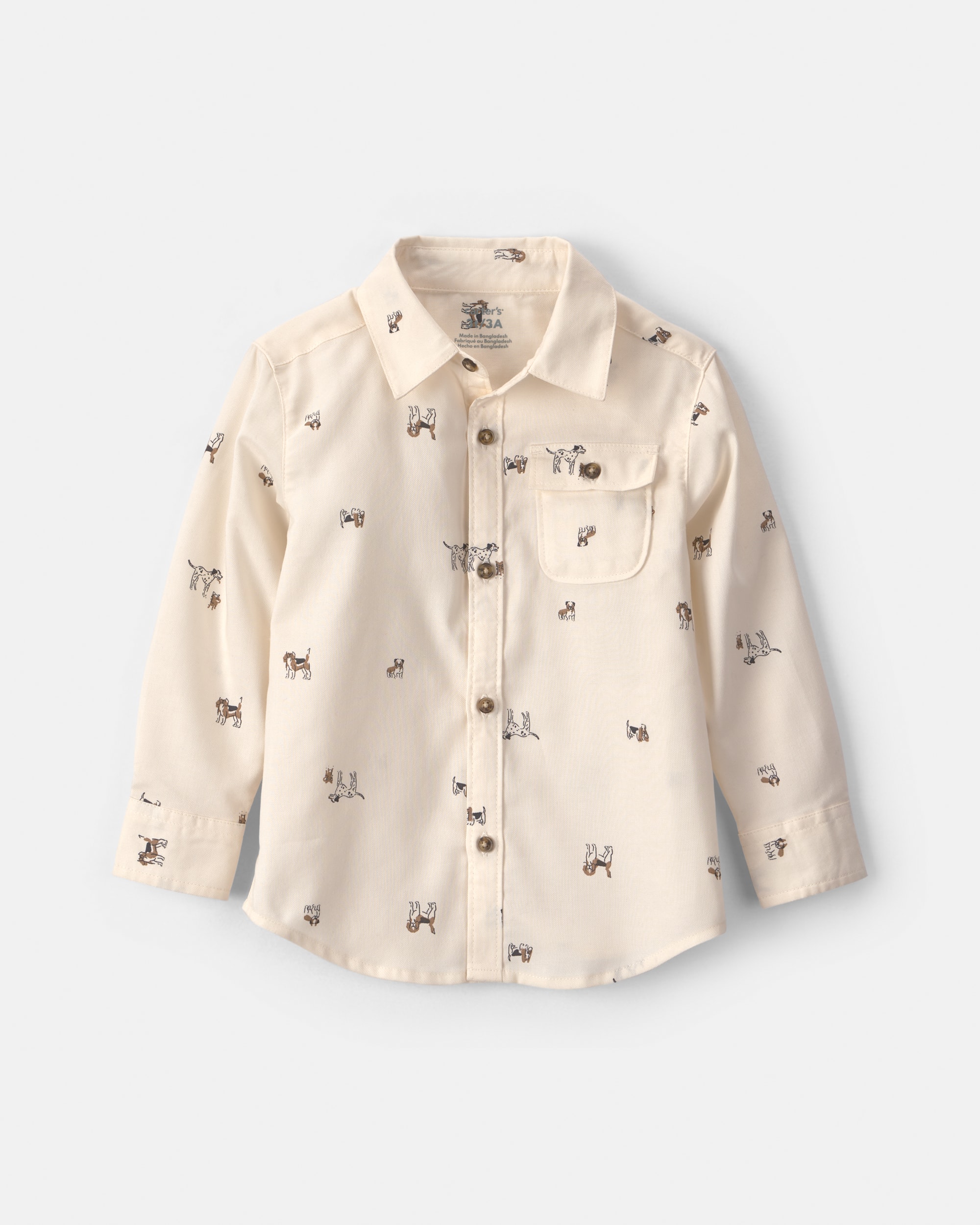 Toddler Boy Dog Long-Sleeve Button-Down Shirt - Cream