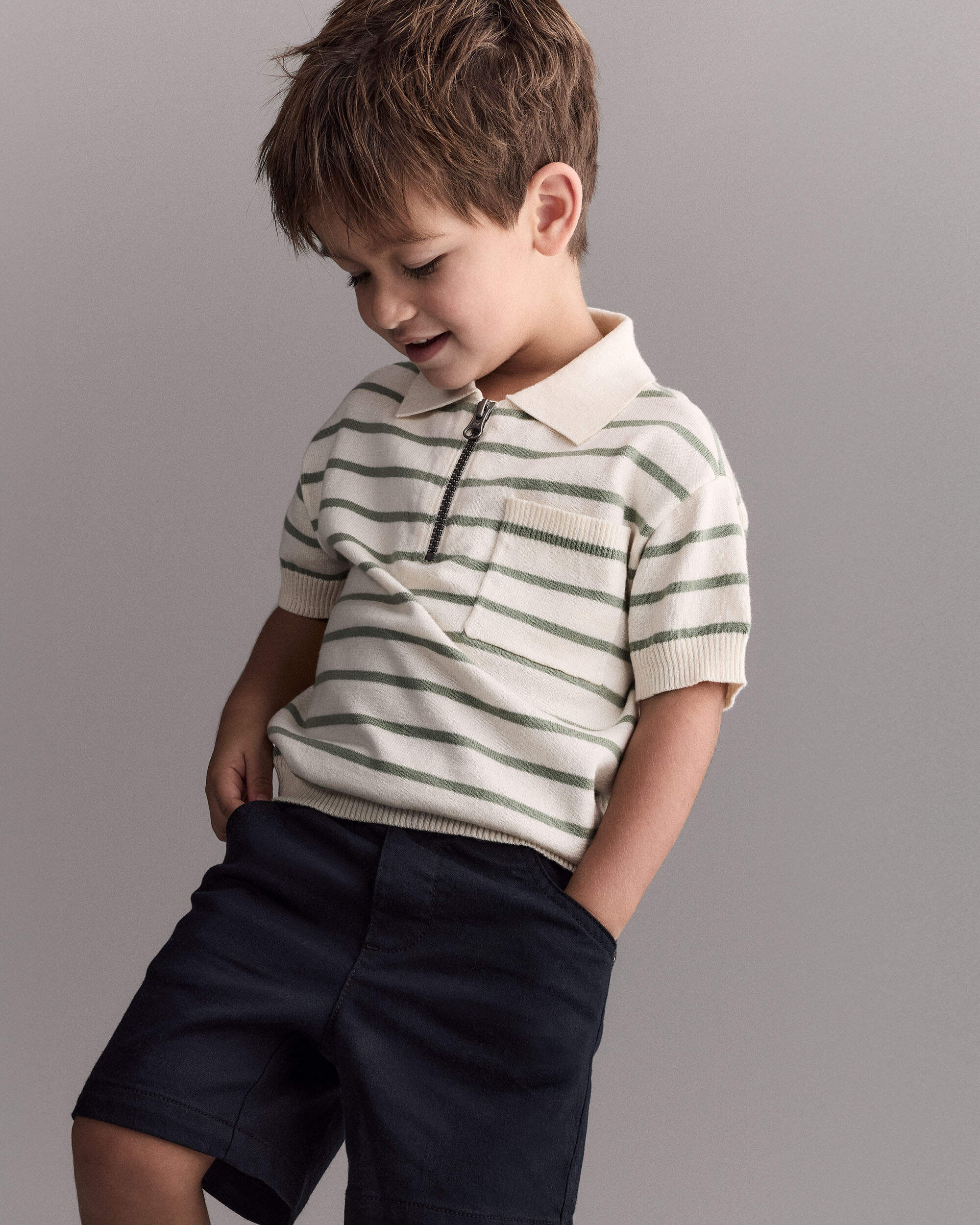 Toddler Boy Zip-Up Polo Stripes - Cream