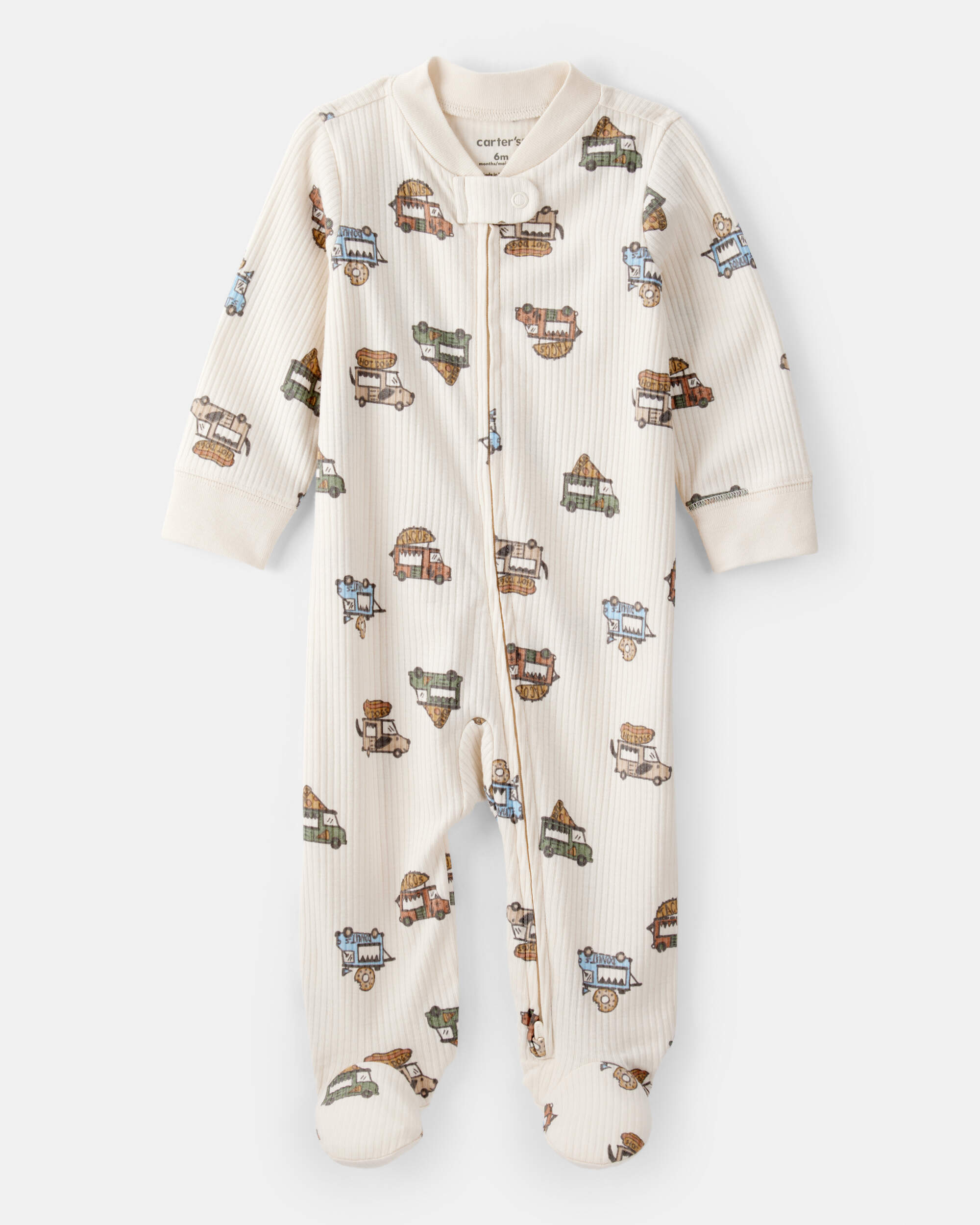 Baby Boy Truck Print Cotton Long-Sleeve Sleeper- White