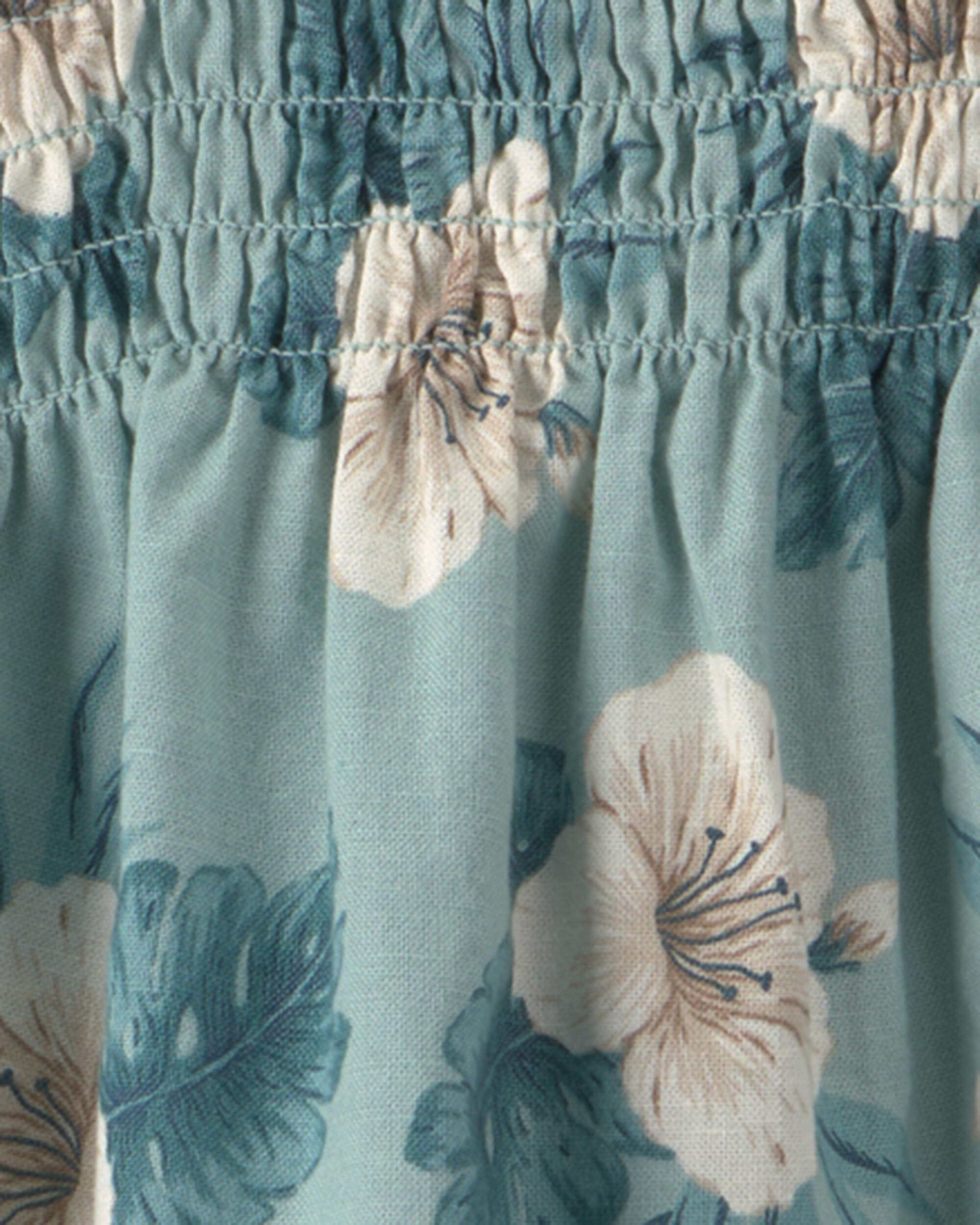 Toddler Girl  Smocked Linen Dress Made with Organic Cotton Blue Hibiscus