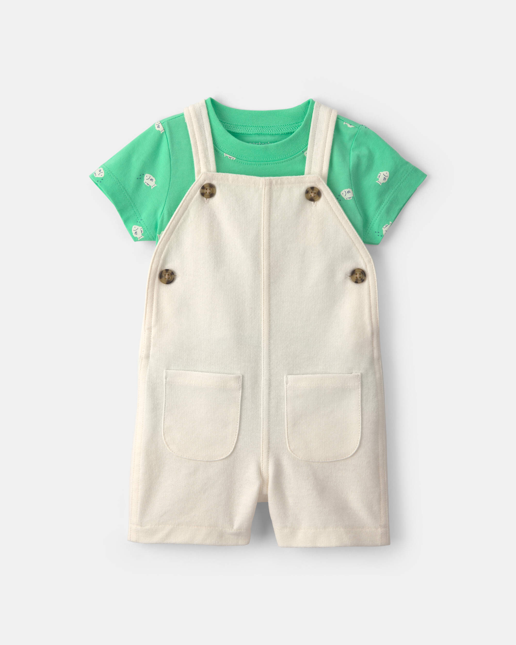 Baby 2-Piece Fish Short-Sleeve Overall Set - Green/Ivory