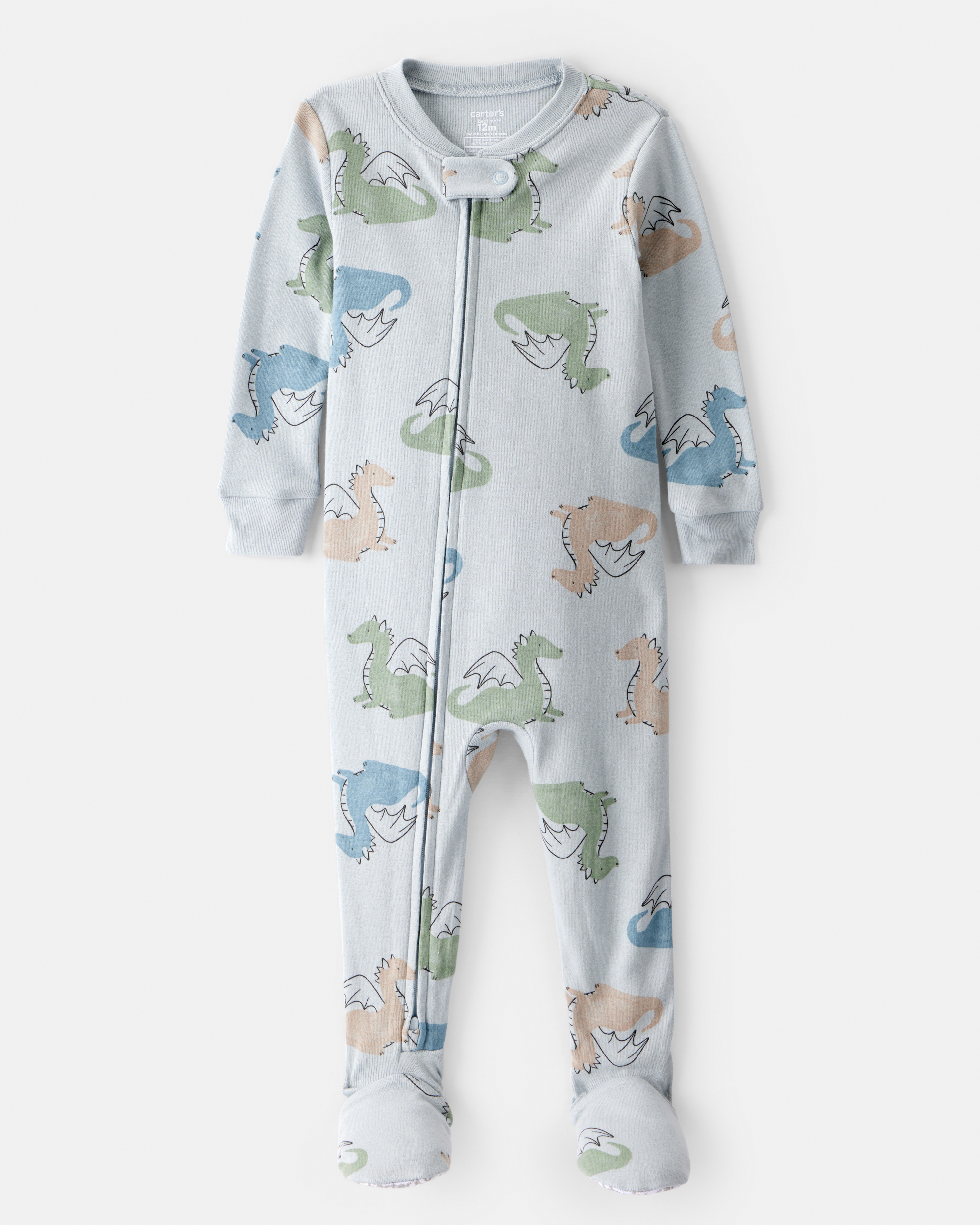 Baby Boy Dragon Print 100% Cotton Long-Sleeve 2-Way Zip 1-Piece Pyjamas - Blue