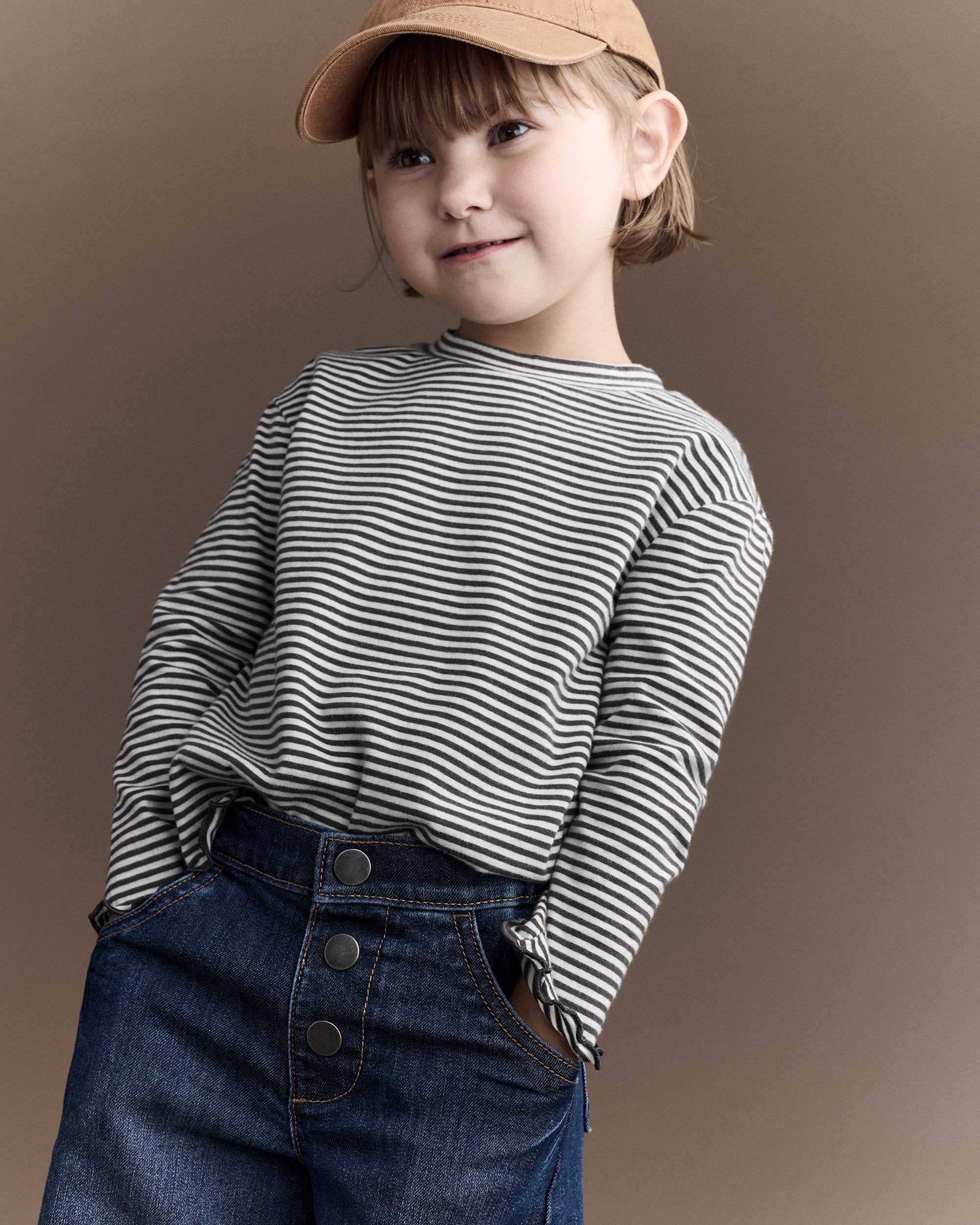 Toddler Girl Striped Ruffle Edge Long-Sleeve Top - Dark Grey/Ivory