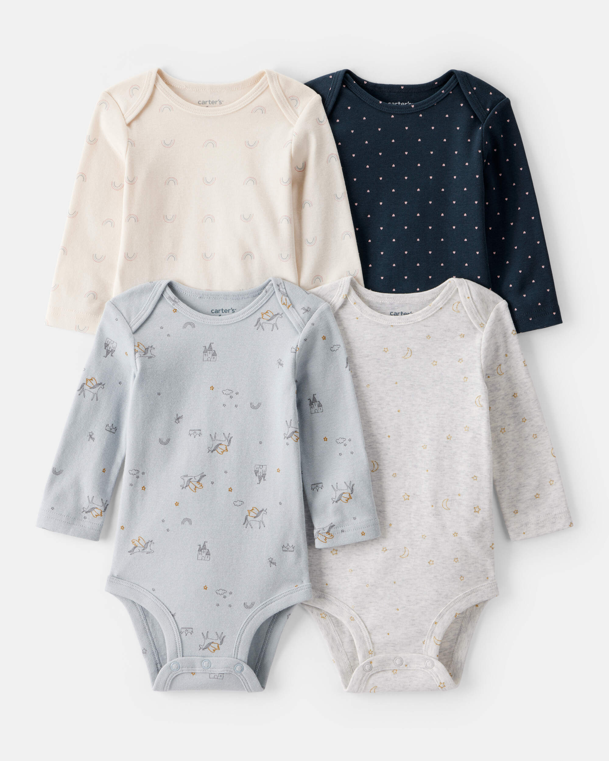 Baby Girl 4-Pack Unicorn Heart Print;Star Print Long-Sleeve Multipack Bodysuits - Navy Blue/White
