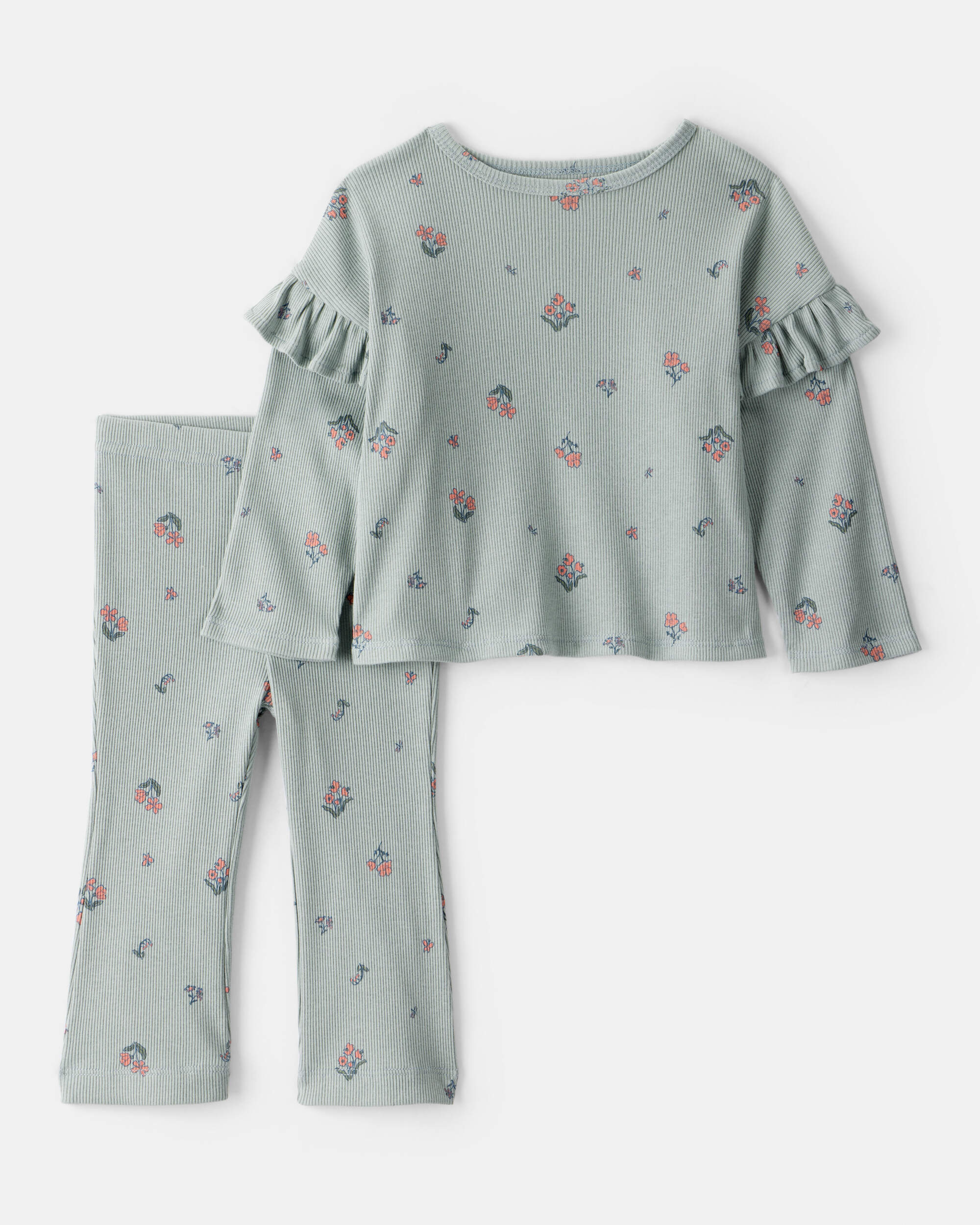 Green Baby Girl 2-Piece Floral Cotton Long-Sleeve Tee & Pant