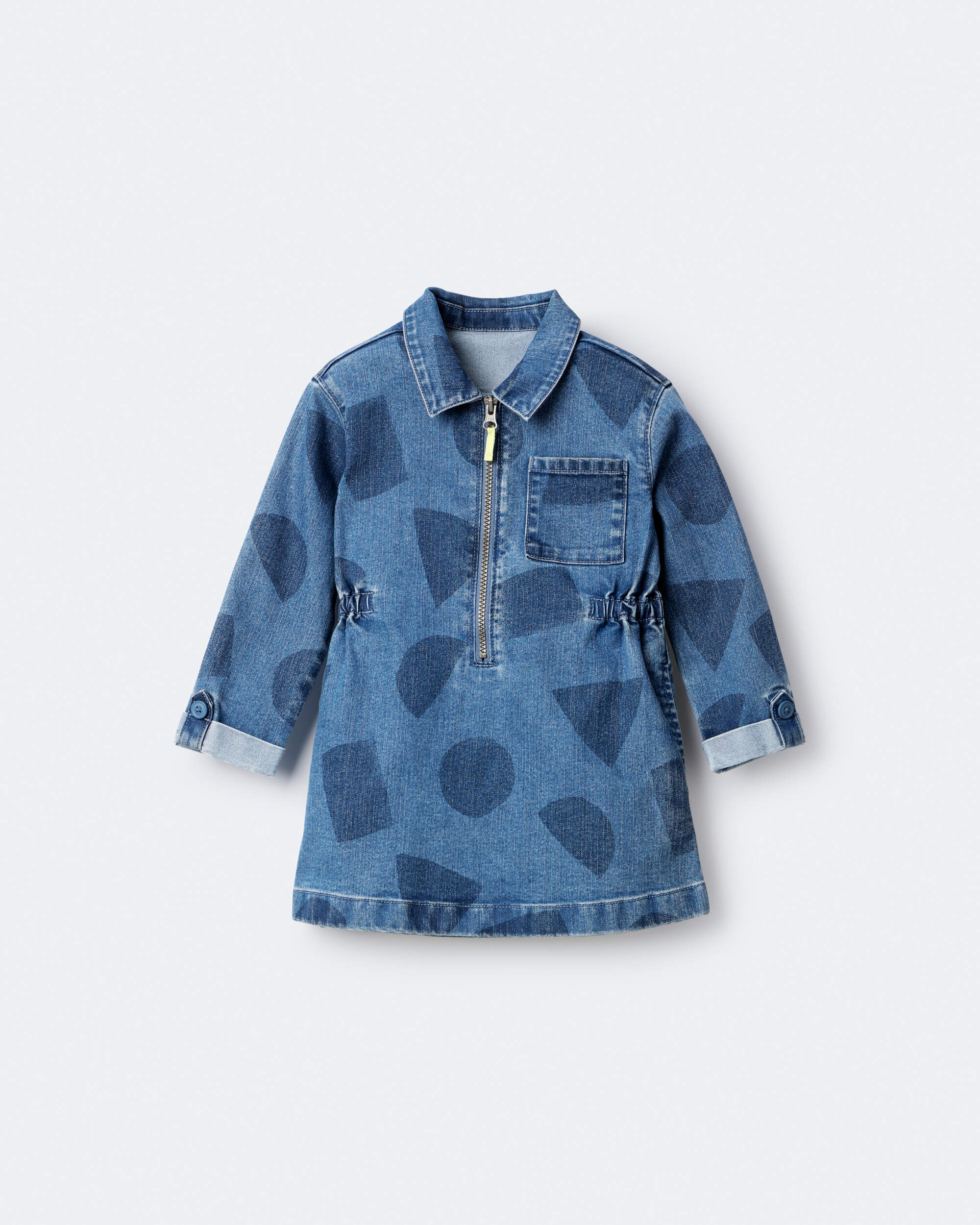 Toddler Girl Zip-Up Denim Shirt Dress with Shapes - Blue