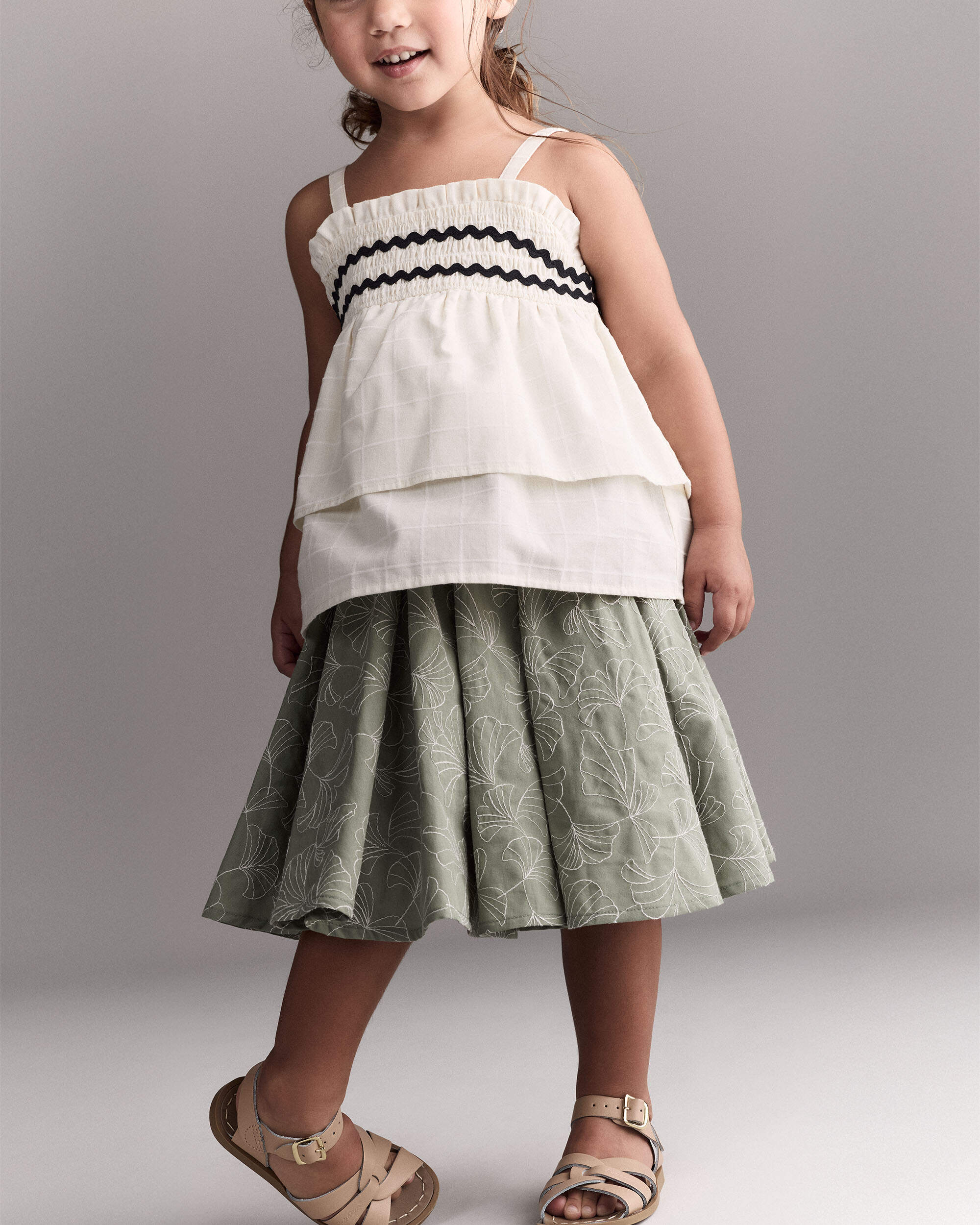 Toddler Girl Smocked Ric-Rac Tiered Top - Cream