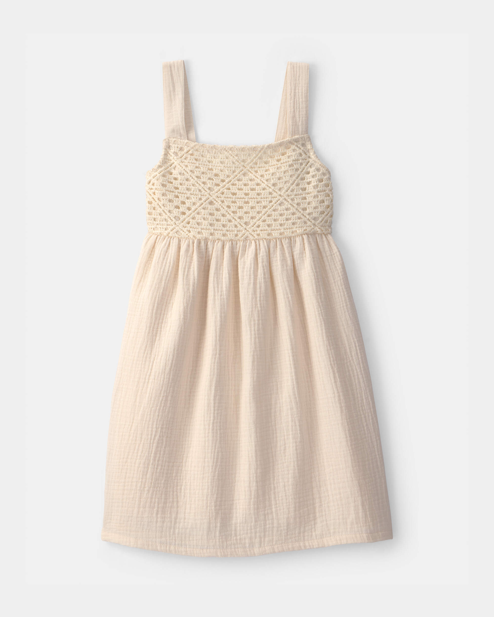 Girls Crochet Gauze Dress - Ivory