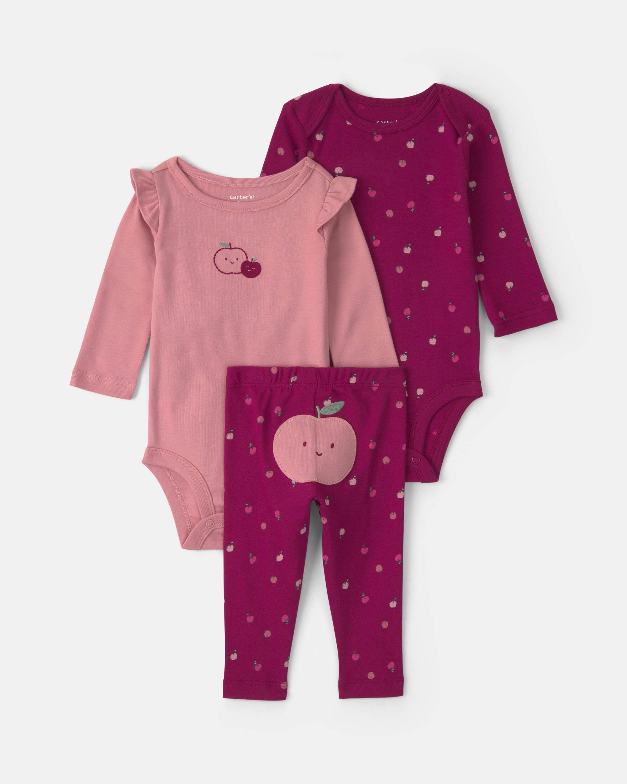 Baby Girl 3-Piece Apple Long-Sleeve Bodysuit & Pant Set - Burgundy/Pink