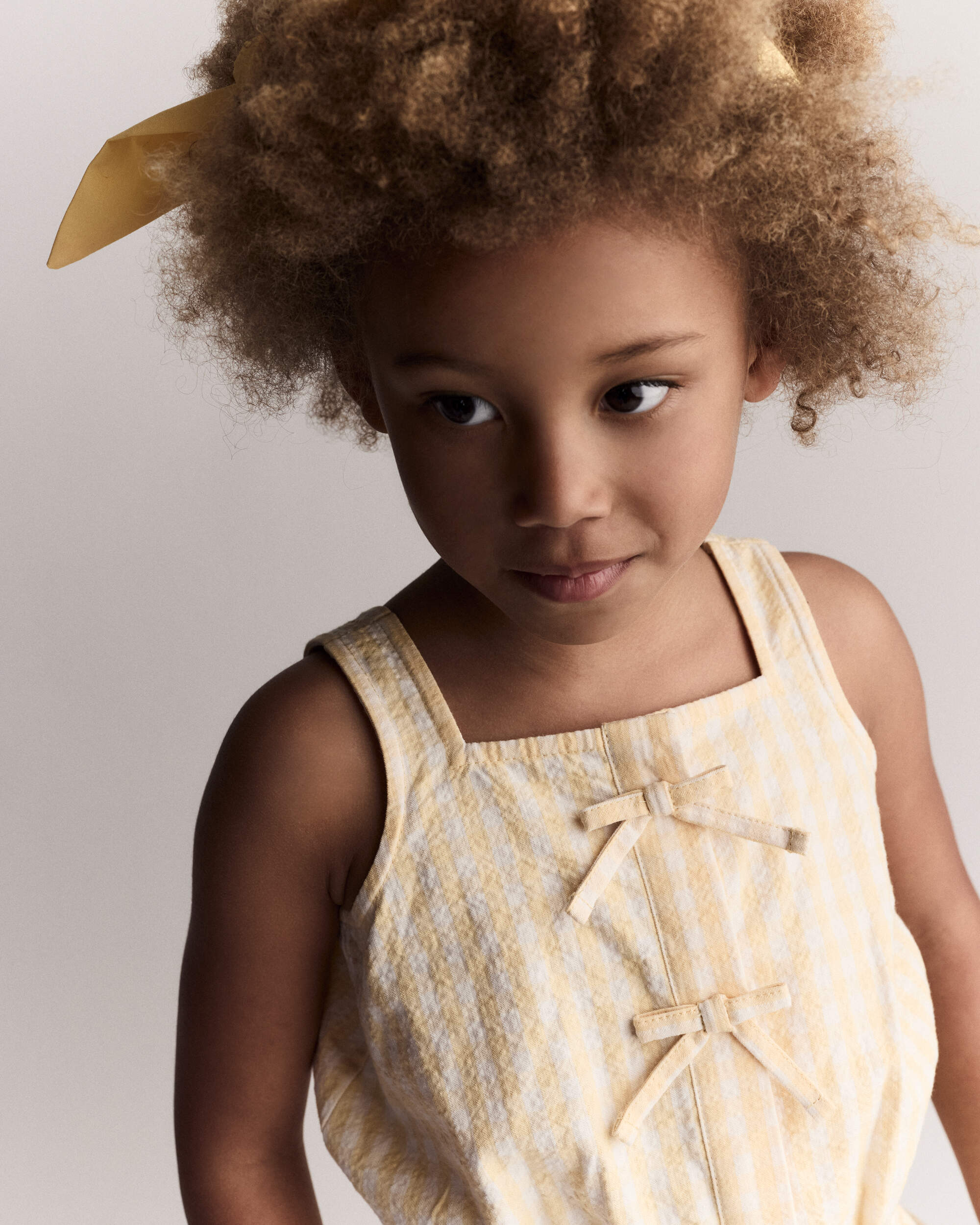 Toddler Girl Gingham Peplum Top with Bows - Yellow