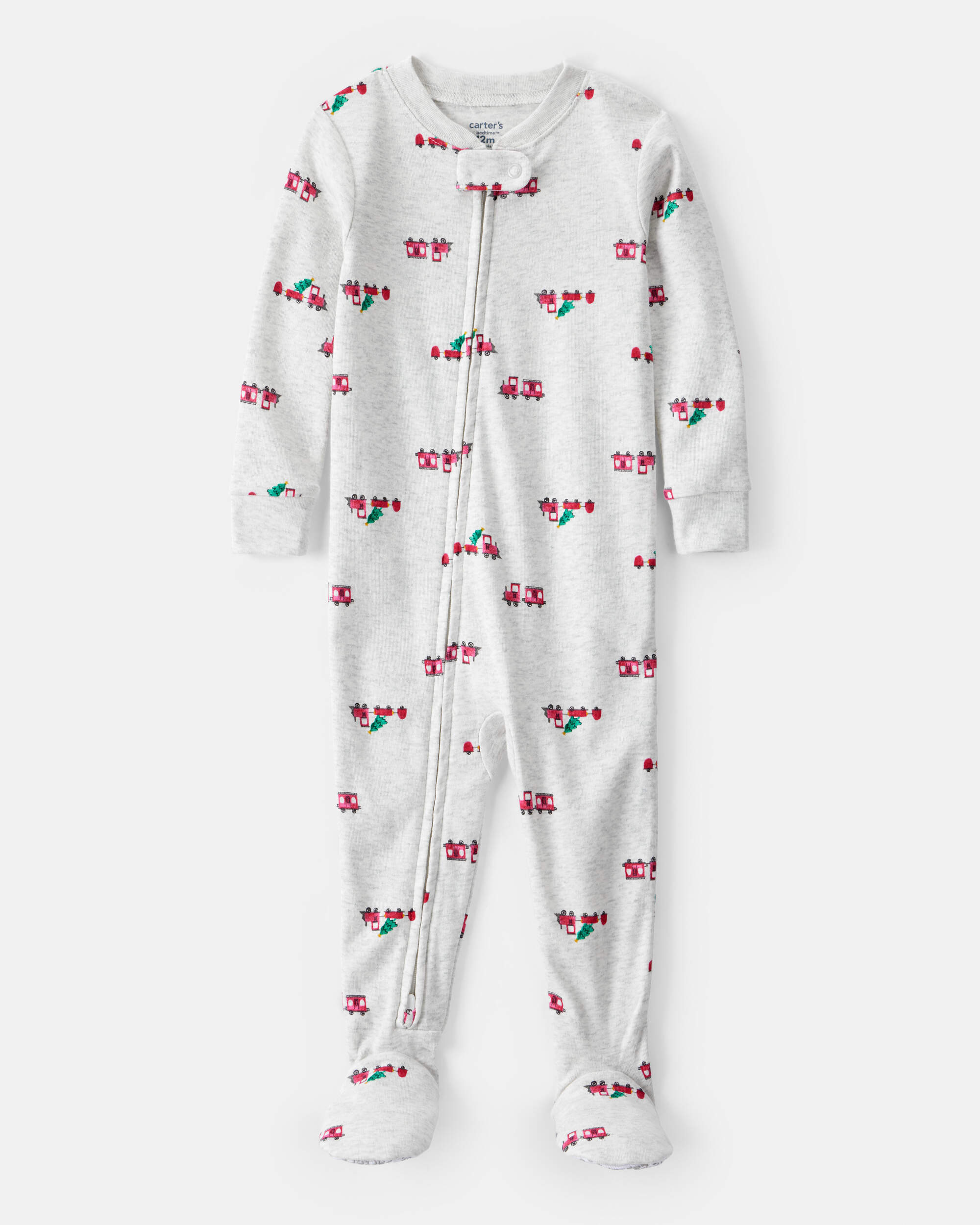 Baby Boy Train Print Cotton Long-Sleeve Snug Fit 1-Piece pyjamas - Grey