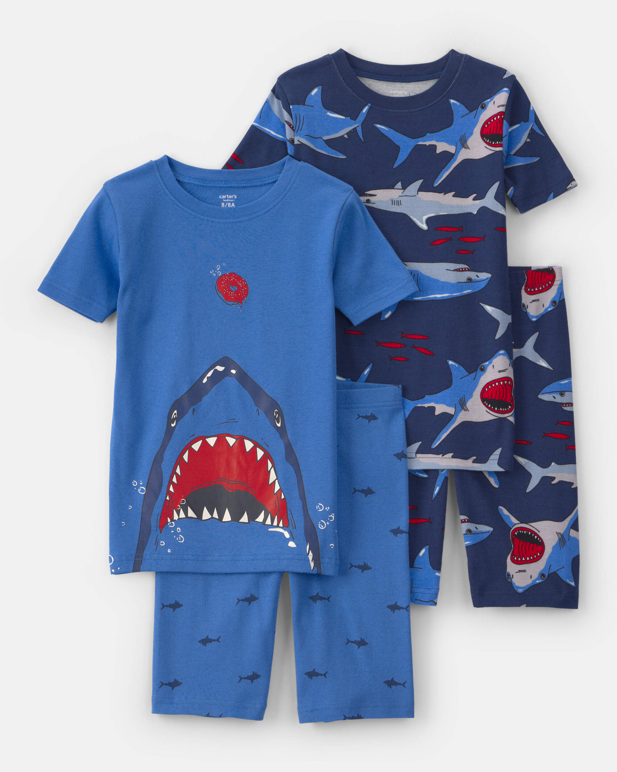 Boys Shark 100% Cotton Short-Sleeve Snug Fit 4-Piece pyjama Set - Blue