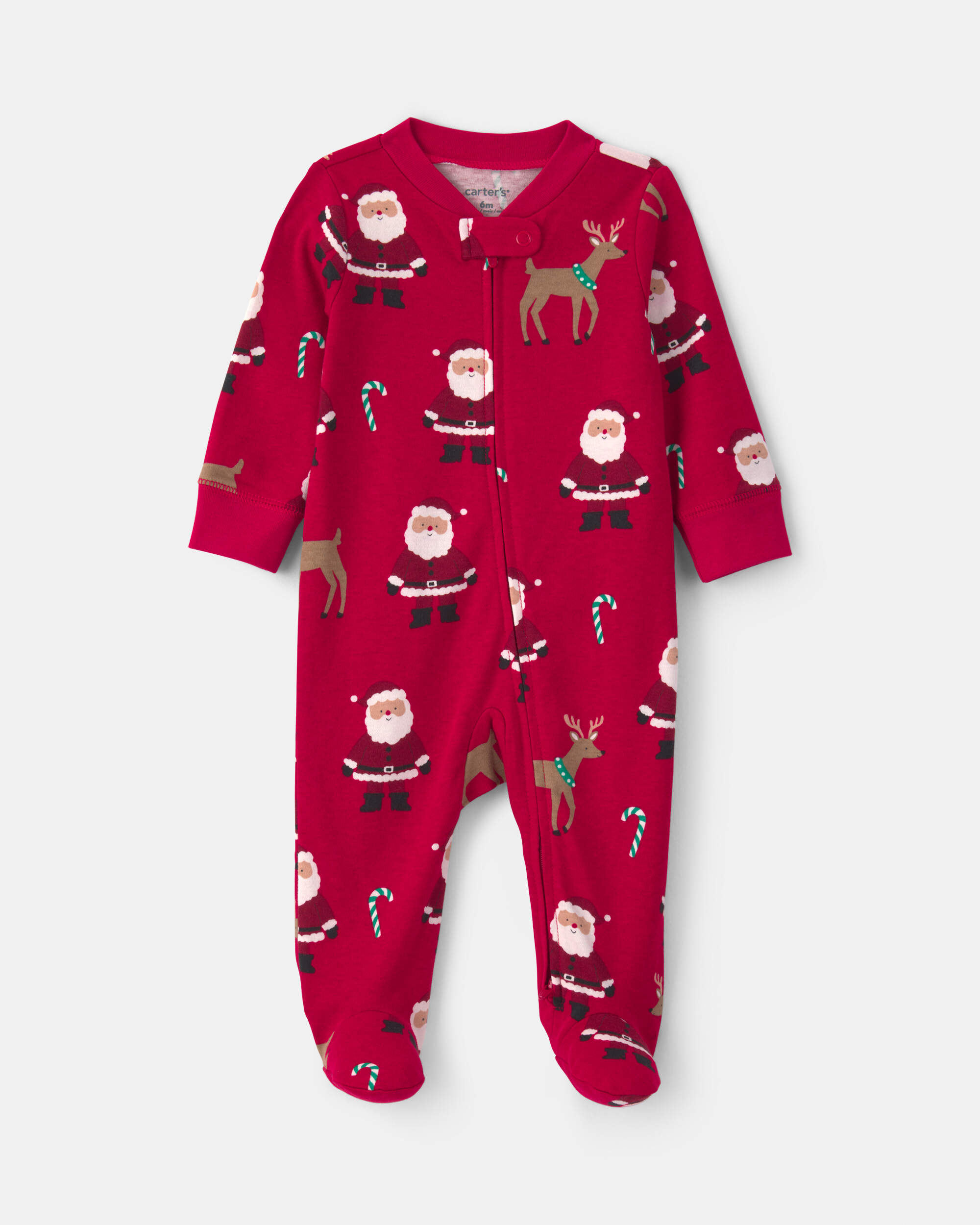 Baby Beige Santa Christmas 100% Cotton 2-Way Zip Sleeper - Red