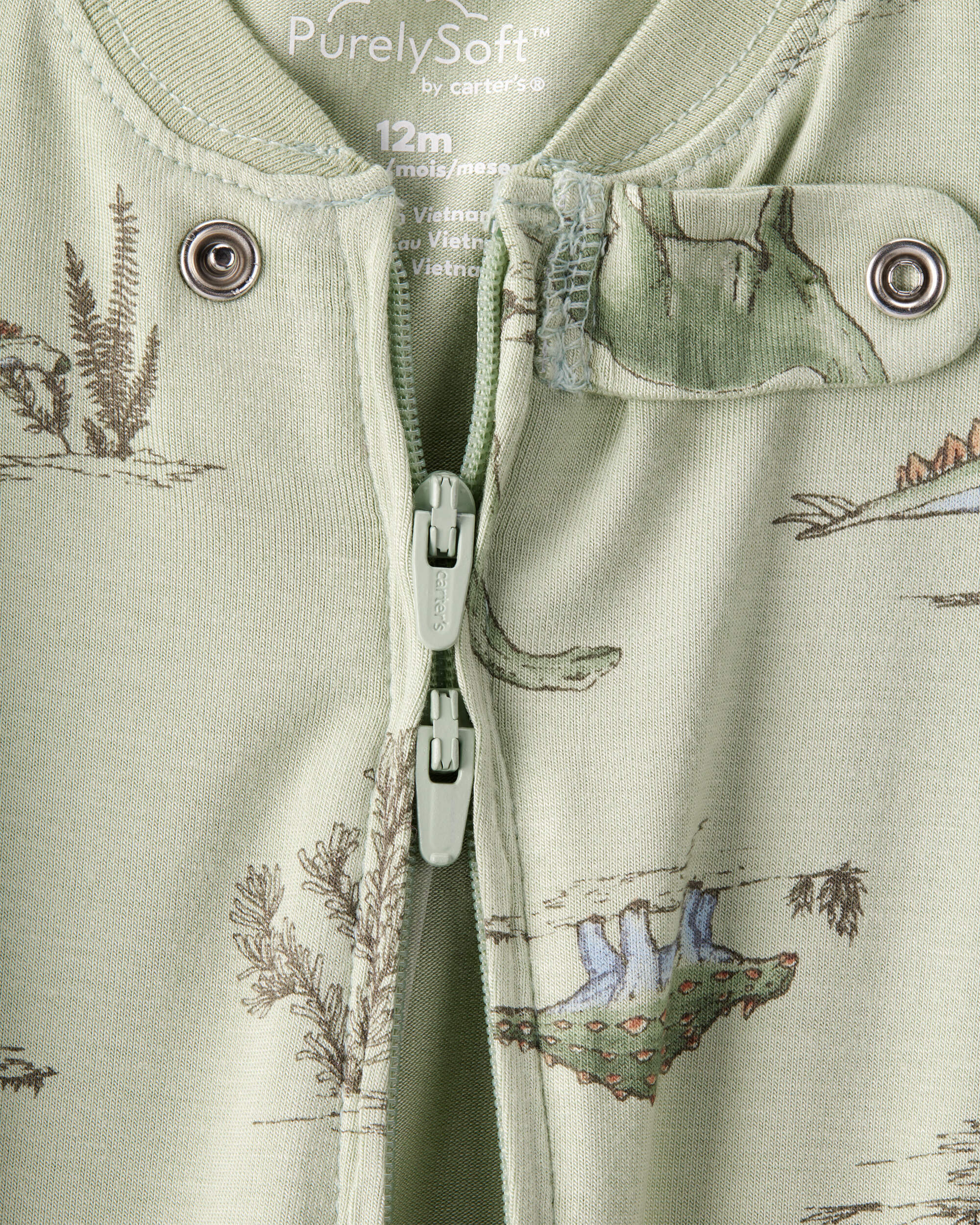 Baby Boy Dinosaur Print PurelySoft Long-Sleeve 2-Way Zip 1-Piece pyjamas - Green