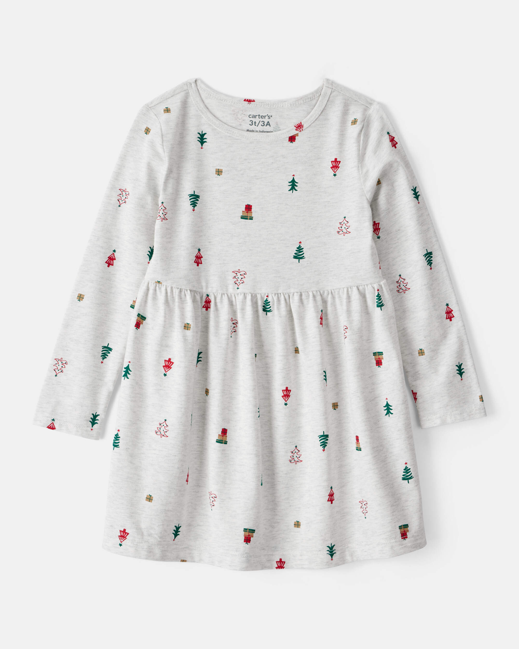 Toddler Girl Christmas Tree Print Long-Sleeve Dress