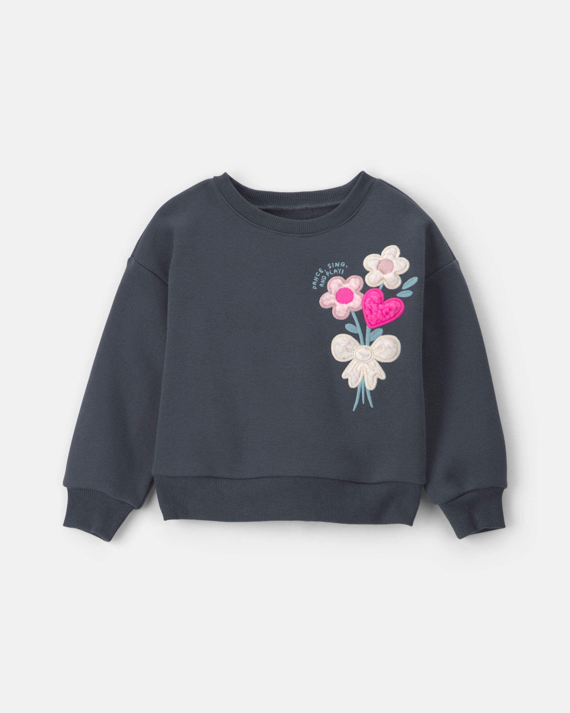 Toddler Girl Floral Fleece Pullover Sweatshirt - Dark Grey