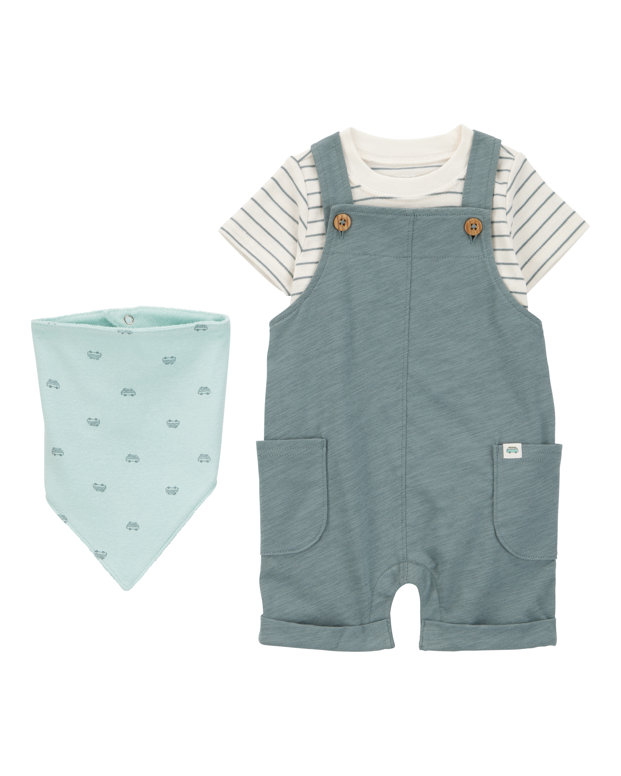 Baby 3-Piece Striped Shortall Set - Blue