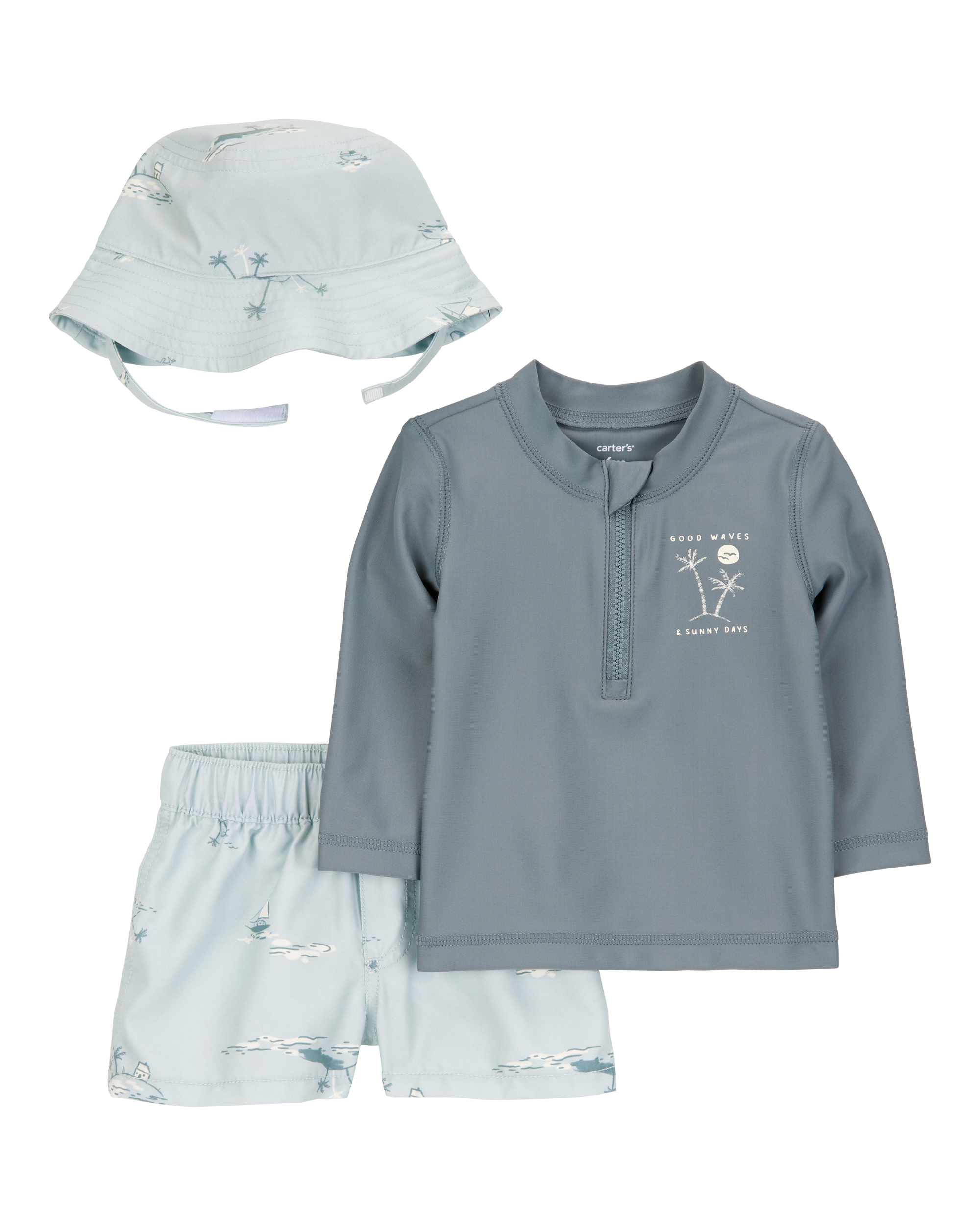 Baby 3-Piece Long-Sleeve Rashguard, Swim Trunk & Hat Set - Grey/Blue