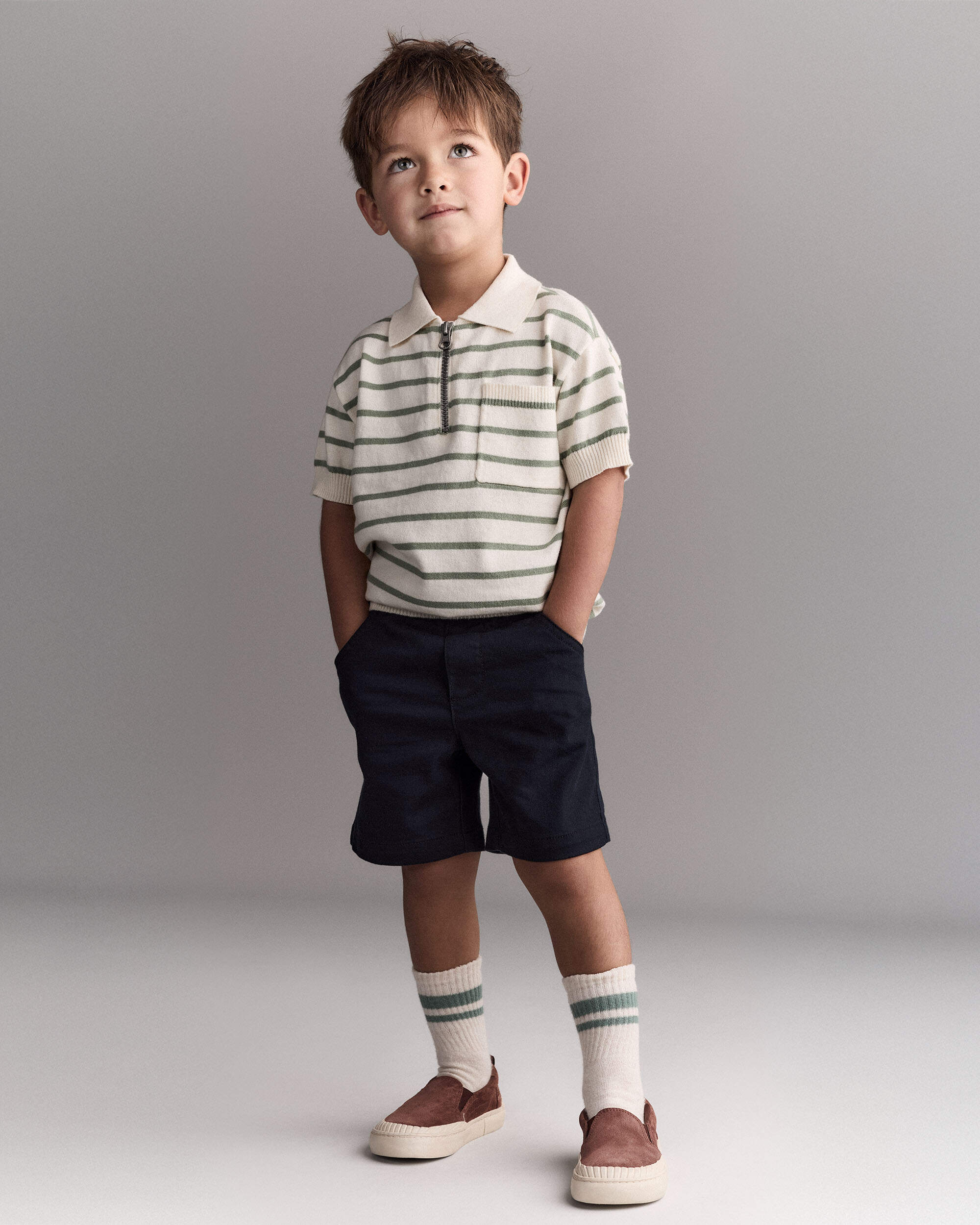 Toddler Boy Zip-Up Polo Stripes - Cream