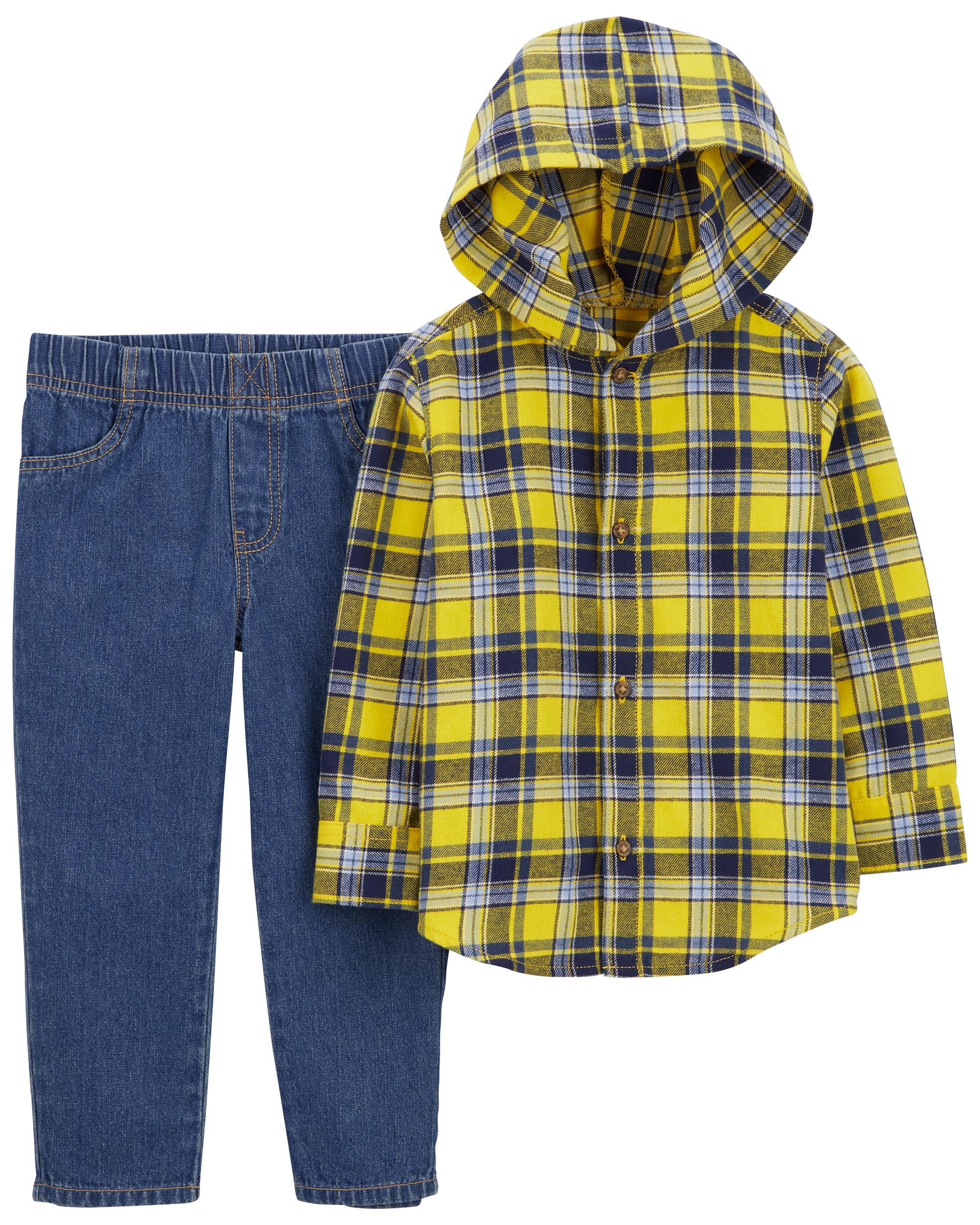 2-Piece Plaid Button-Front Shirt & Twill Denim Pant Set