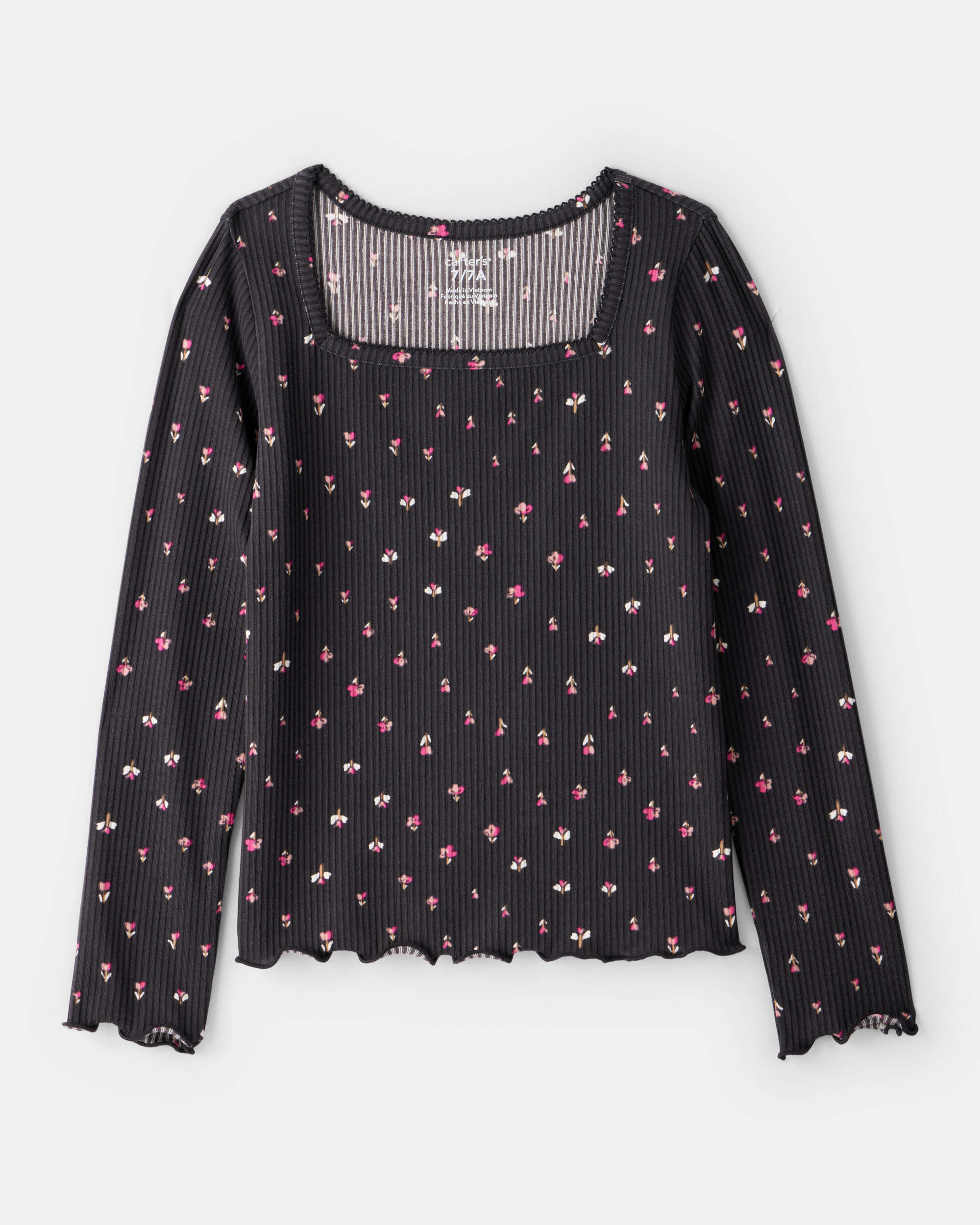 Girls Floral Ribbed Top - Grey