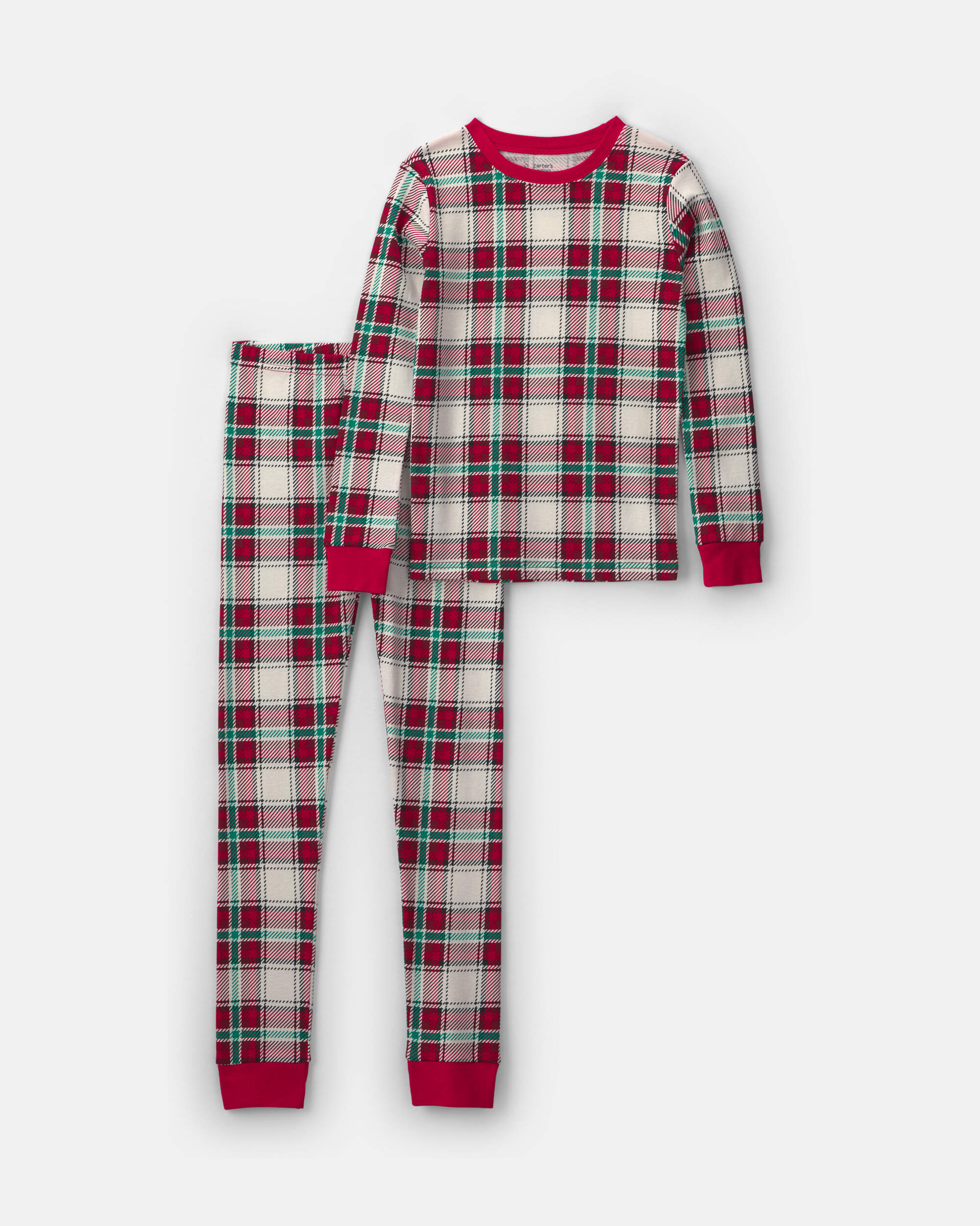 Kids 2-Piece Christmas Plaid 100% Cotton Snug Fit Pyjama Set - Red/Green