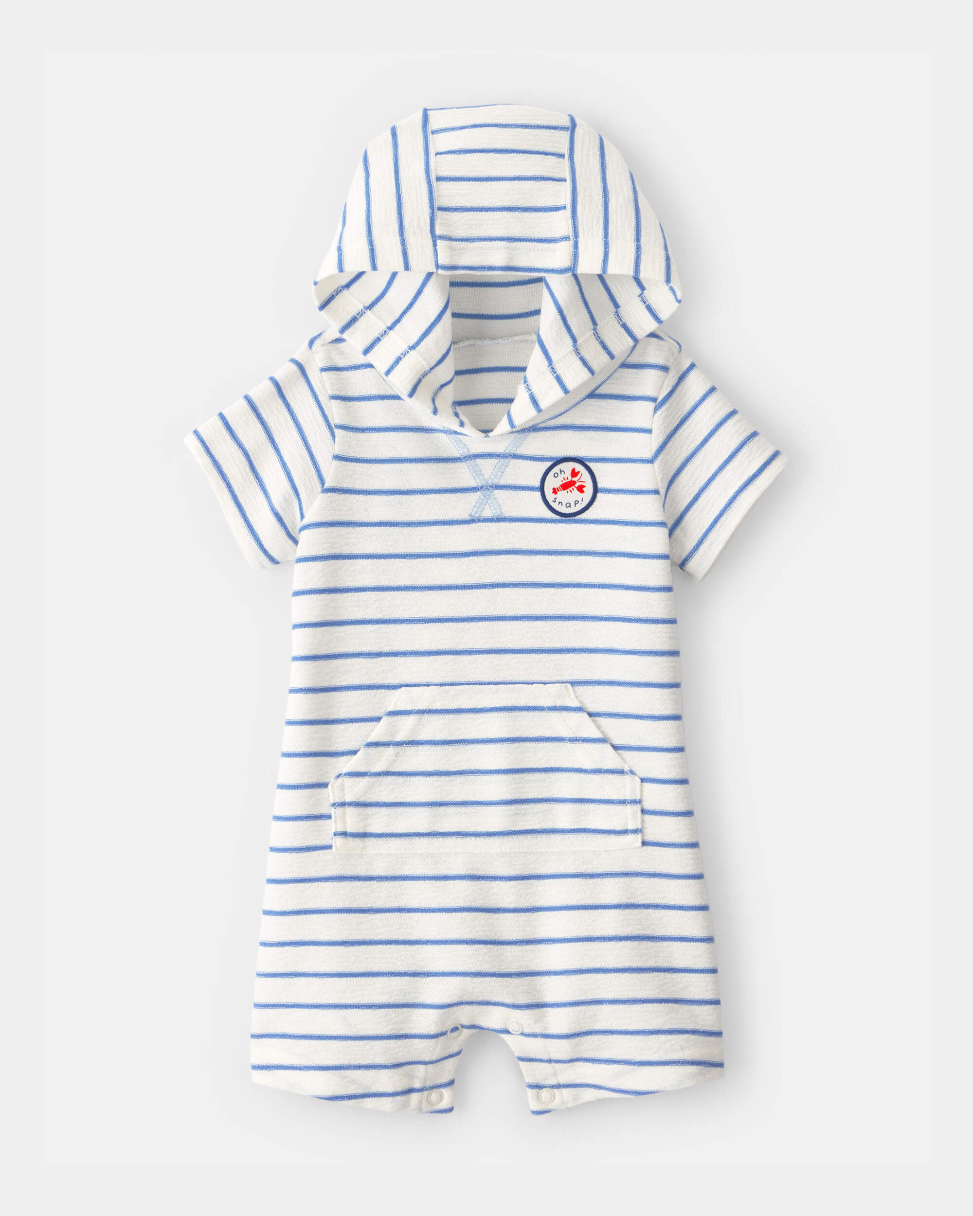 Baby Boy 'Oh Snap!' Lobster Stripe Short-Sleeve Hooded Romper - Blue/White