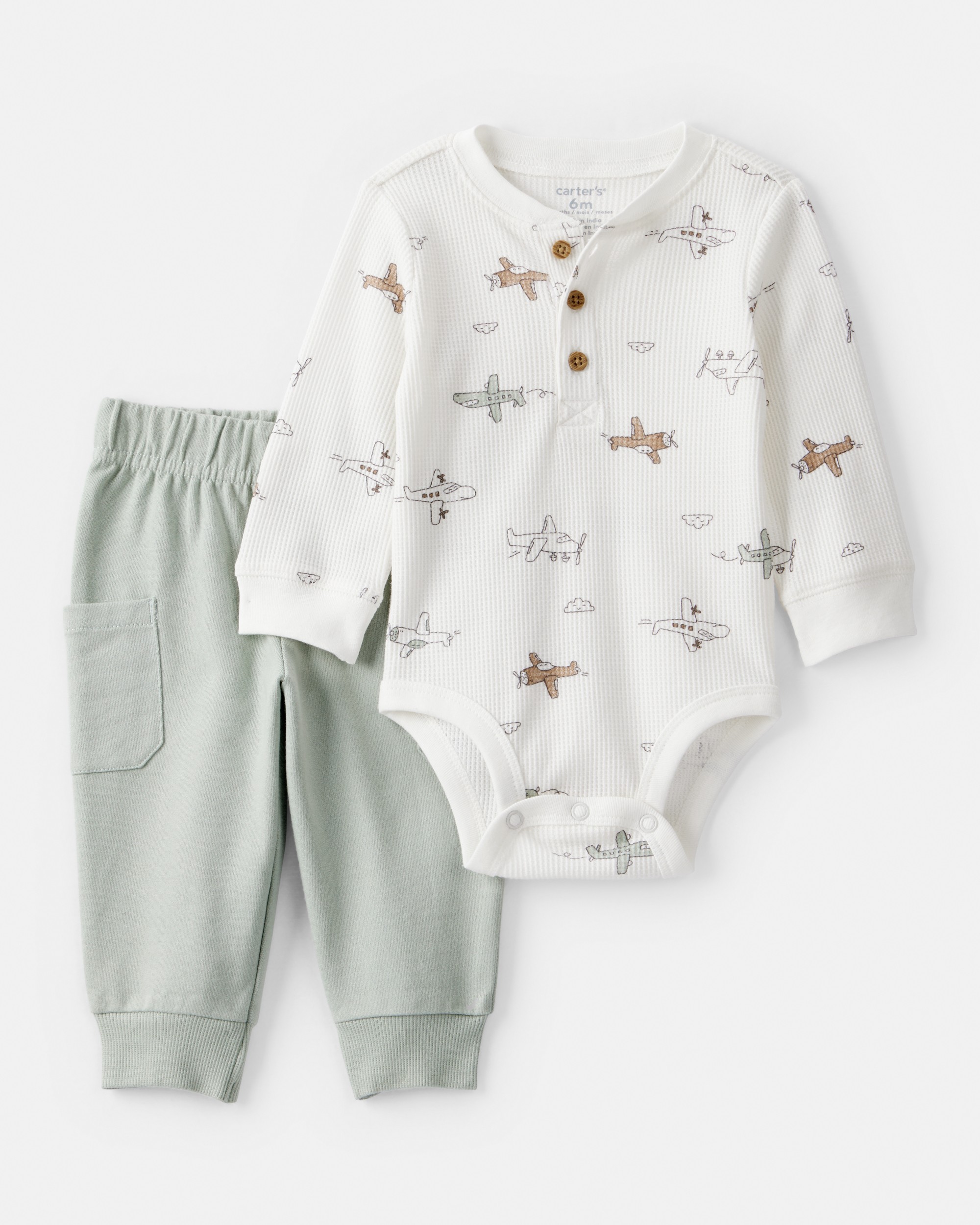 Baby Boy 2-Piece Airplane Thermal Bodysuit & Jogger Set - Green/White