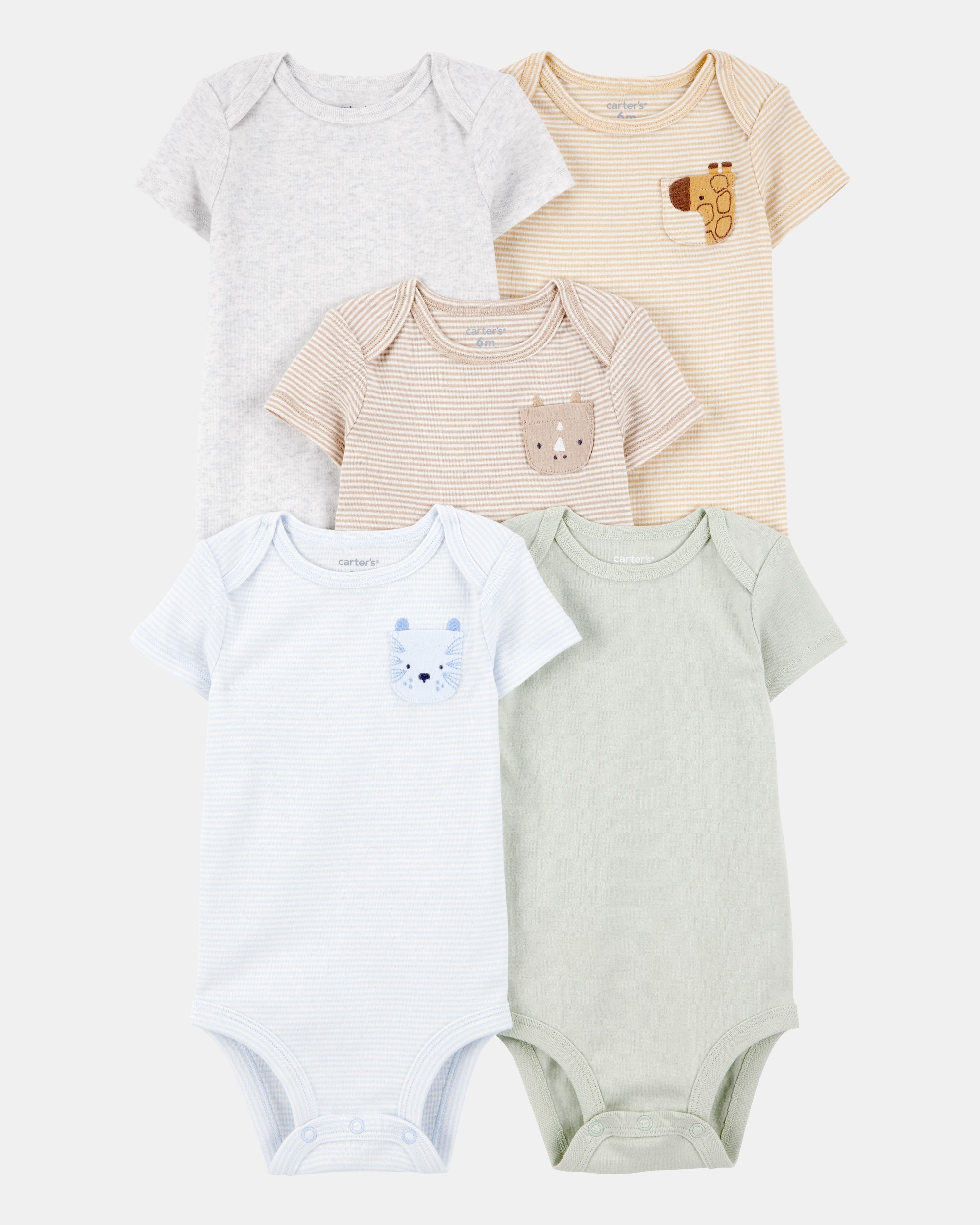 Baby 5-Pack Animals Short-Sleeve Cotton Bodysuits