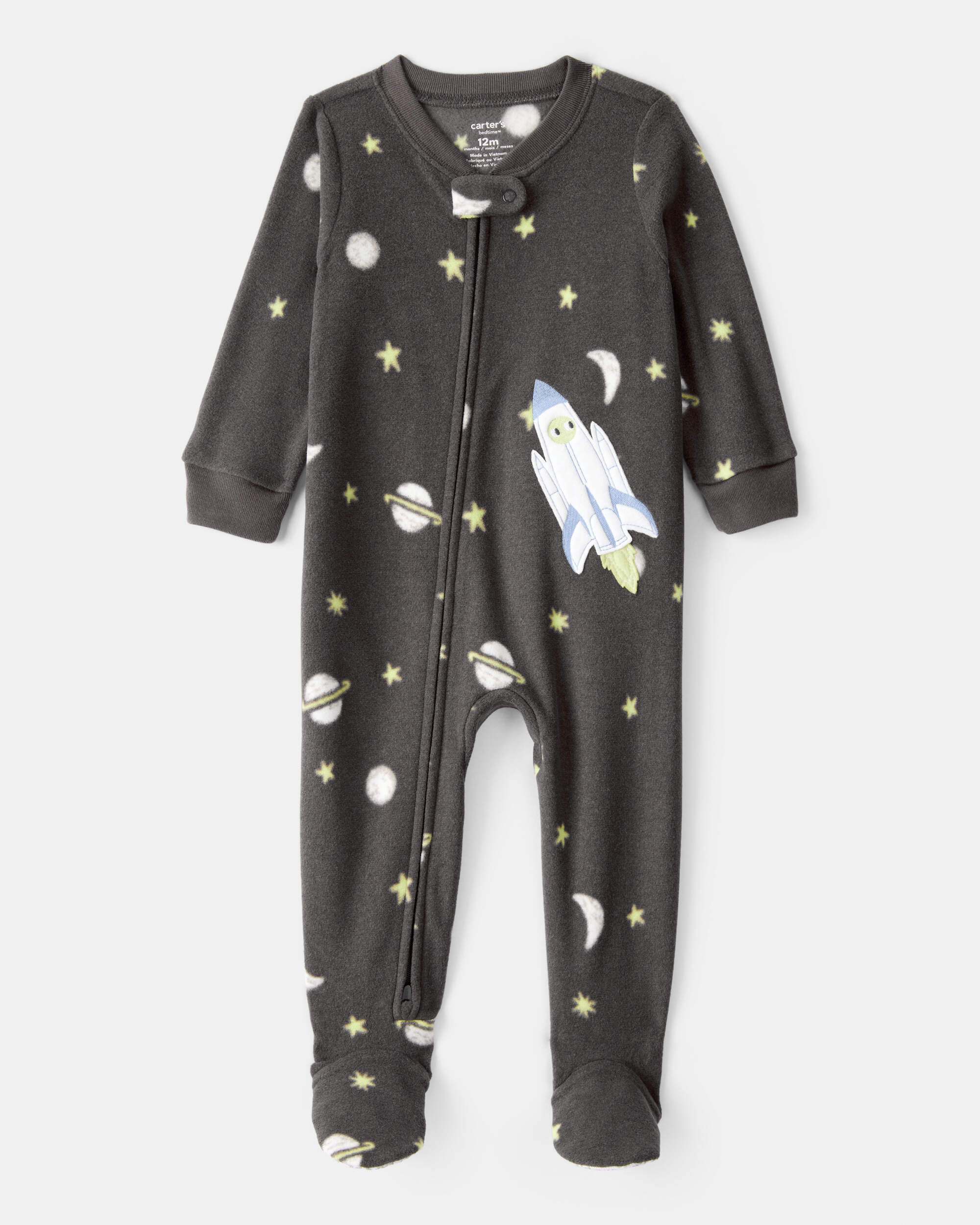 Toddler Boy Spaceship Star Fleece Loose Fit 1-Piece Pajamas - Grey